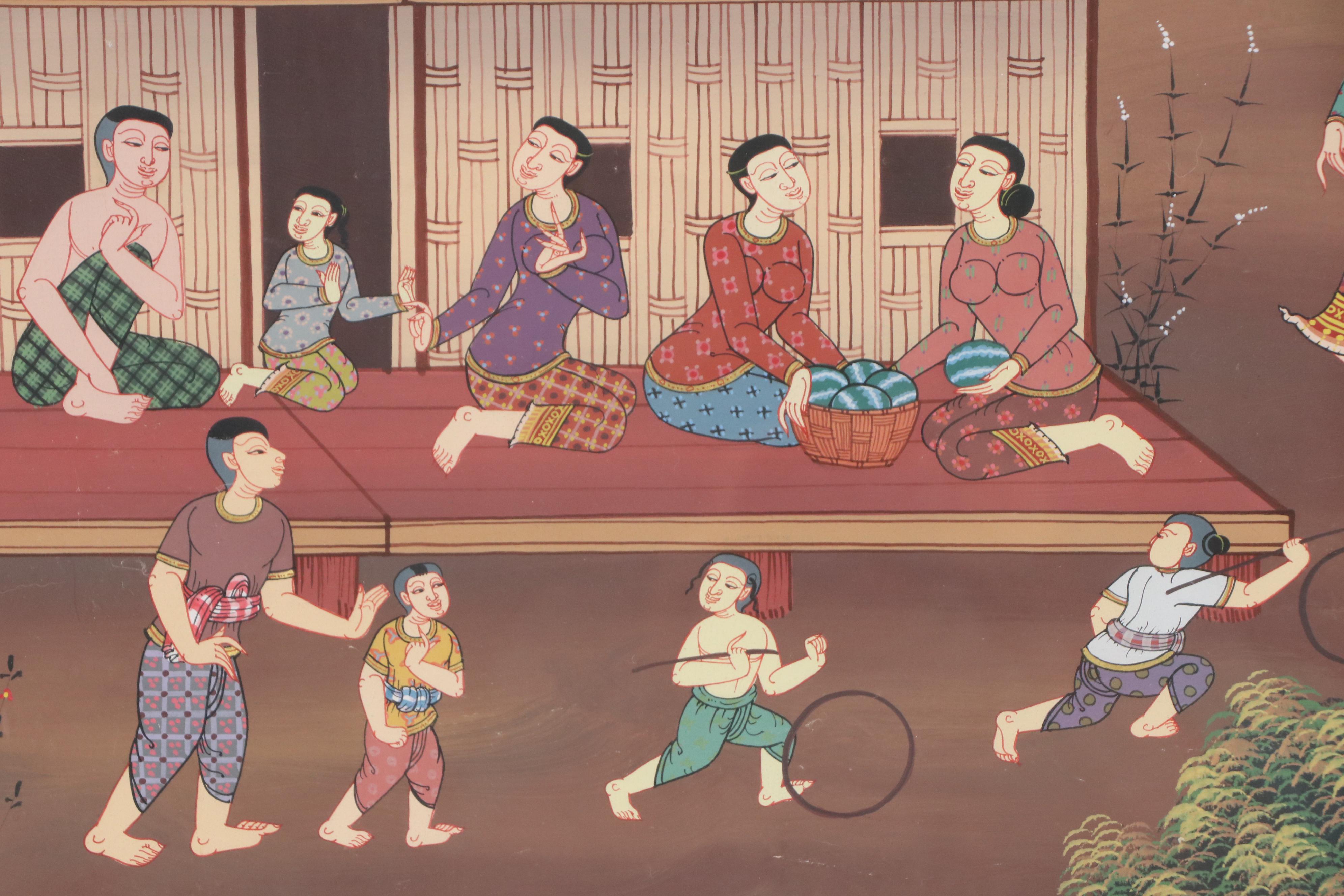 Gouache Painting of Traditional Thai Village Scene, 20th Century