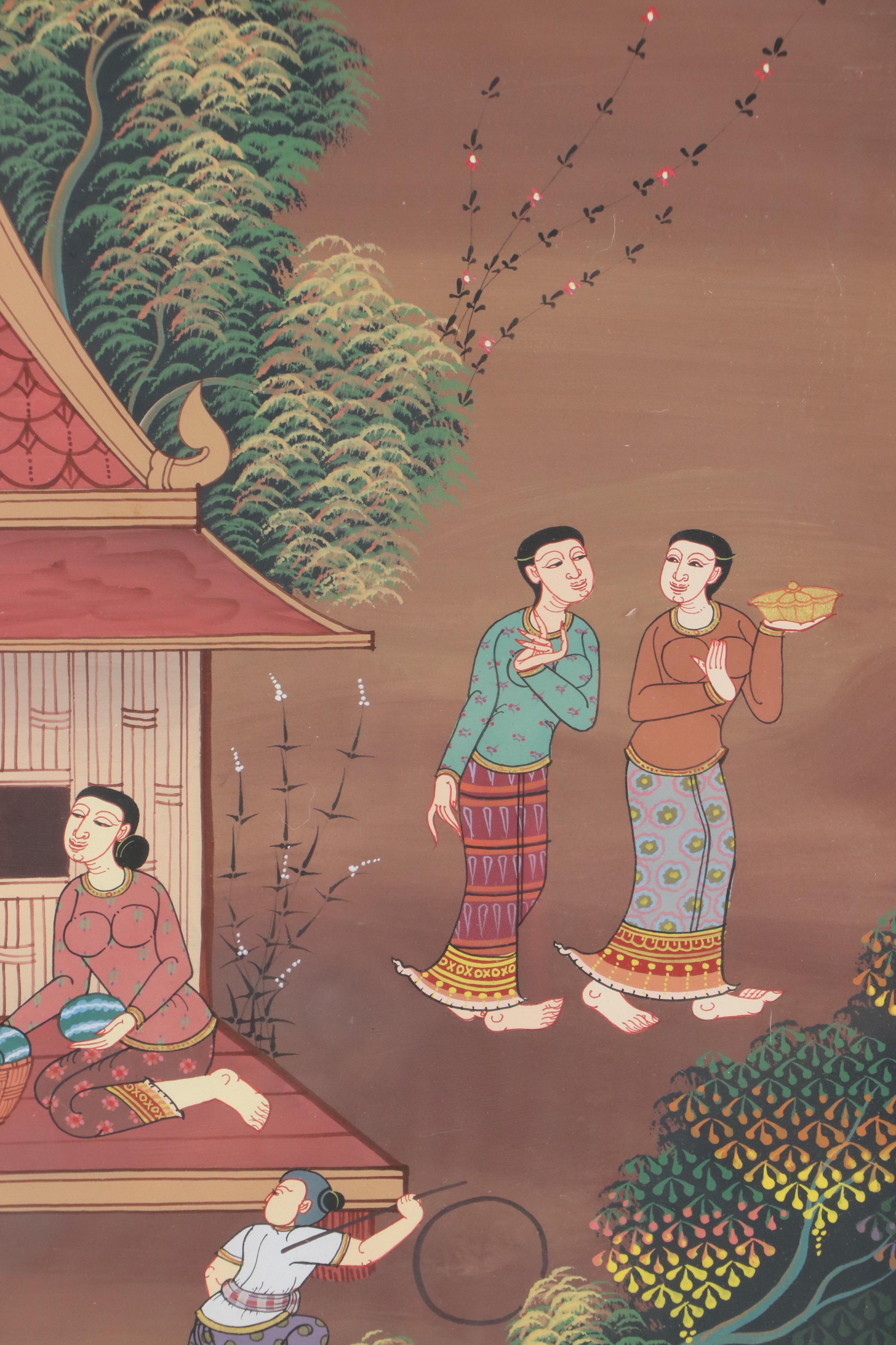 Gouache Painting of Traditional Thai Village Scene, 20th Century