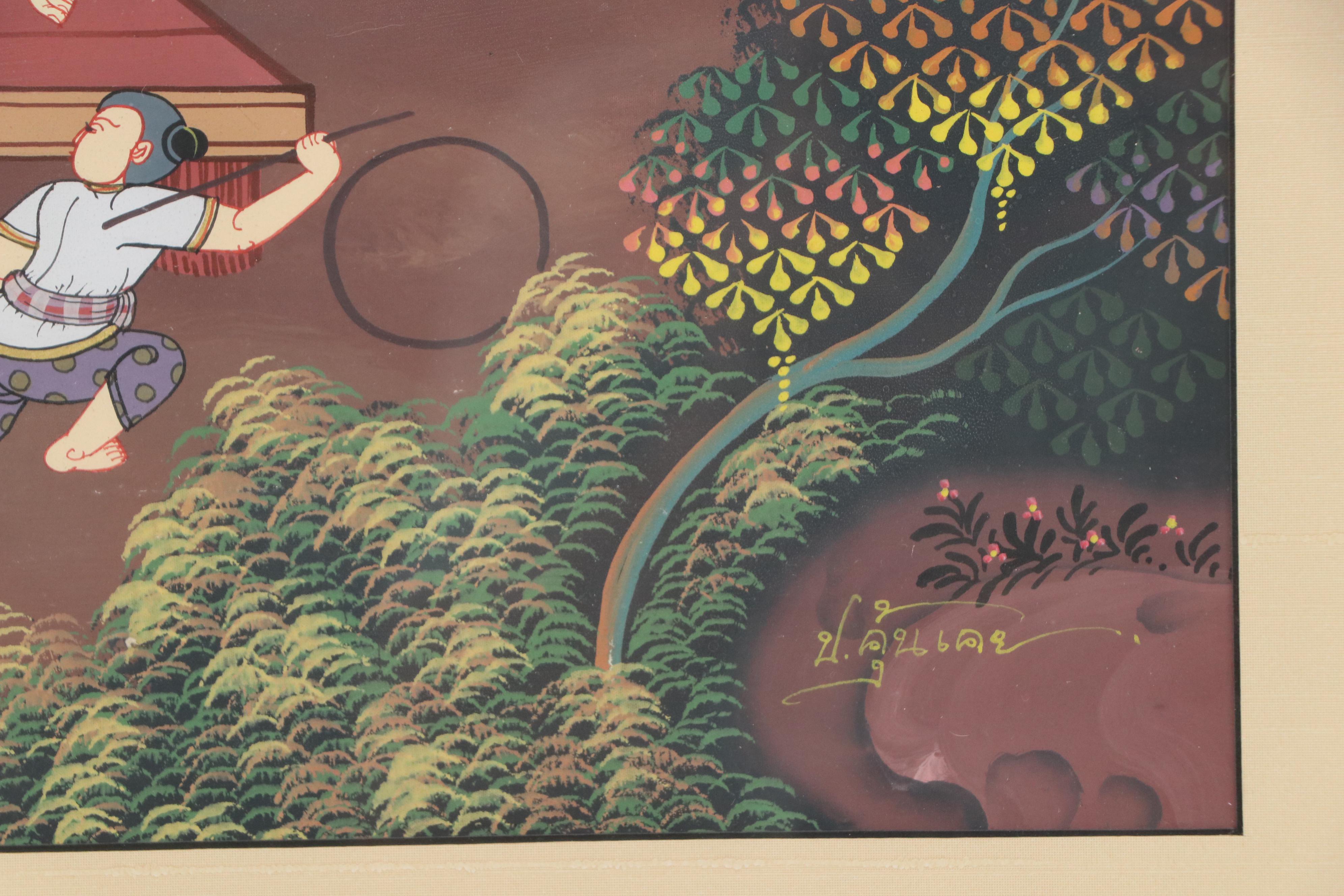 Gouache Painting of Traditional Thai Village Scene, 20th Century