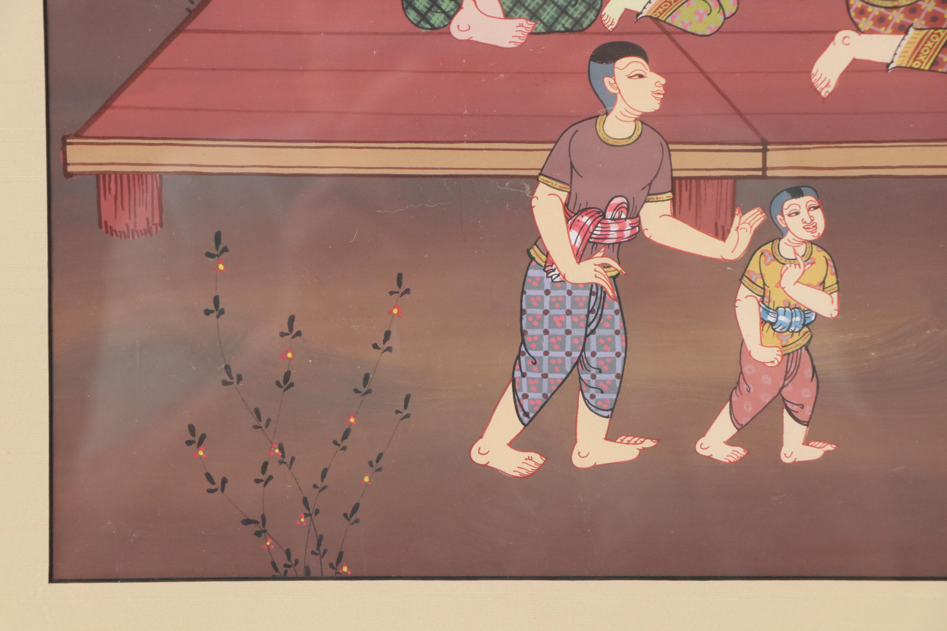 Gouache Painting of Traditional Thai Village Scene, 20th Century