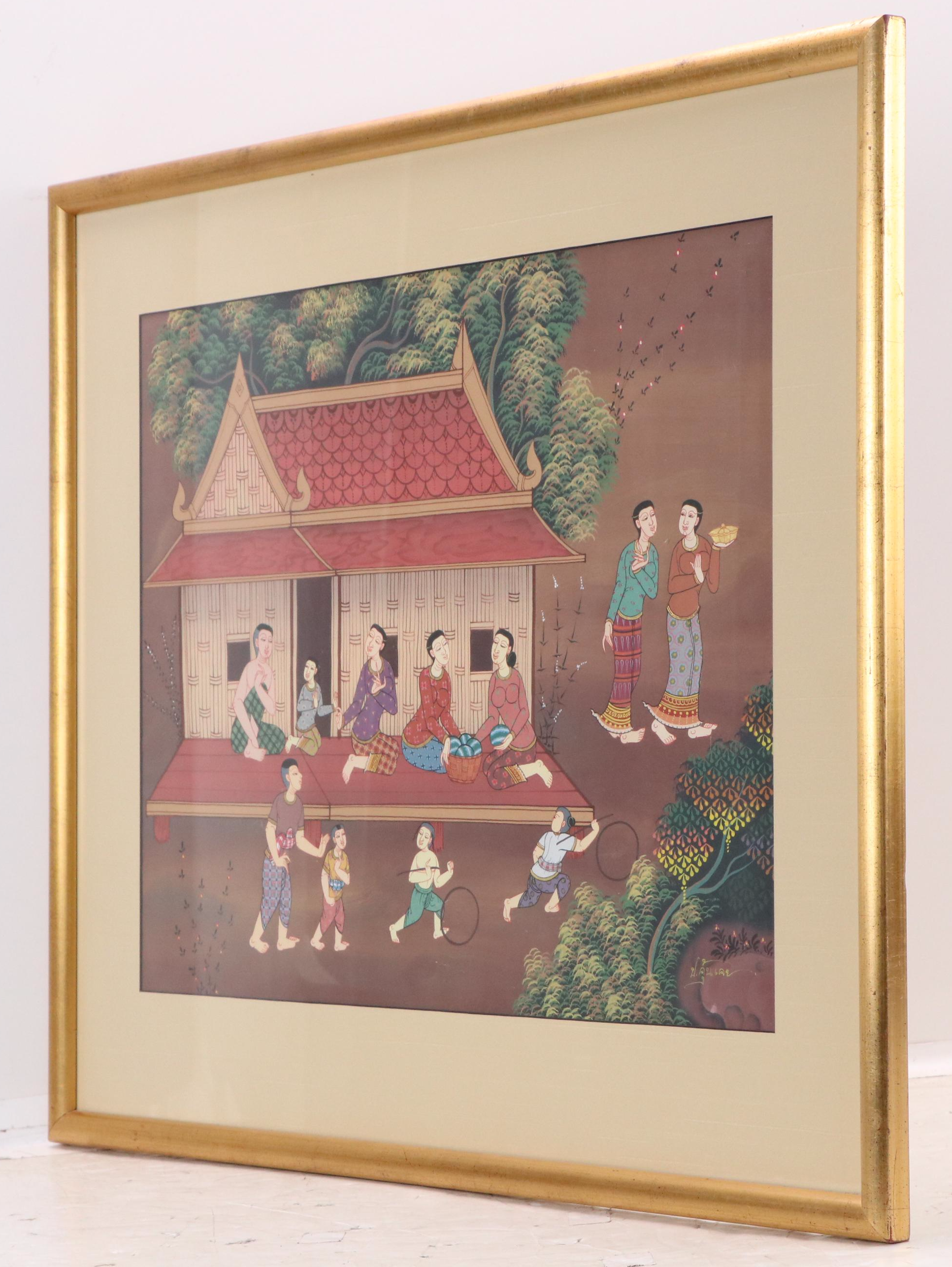 Gouache Painting of Traditional Thai Village Scene, 20th Century