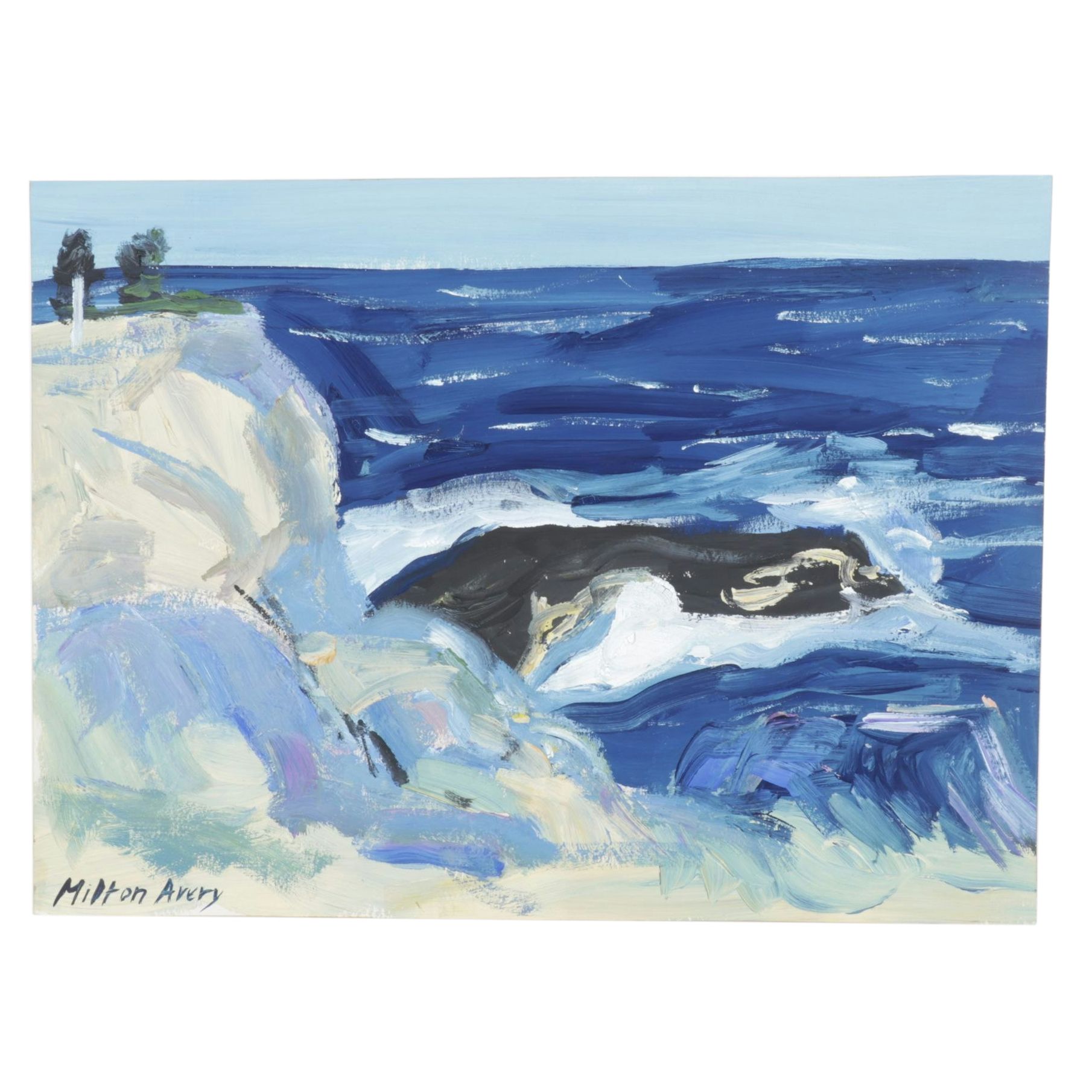 Milton Avery Abstract Impressionist Oil Painting of Waves Crashing Against Cliff