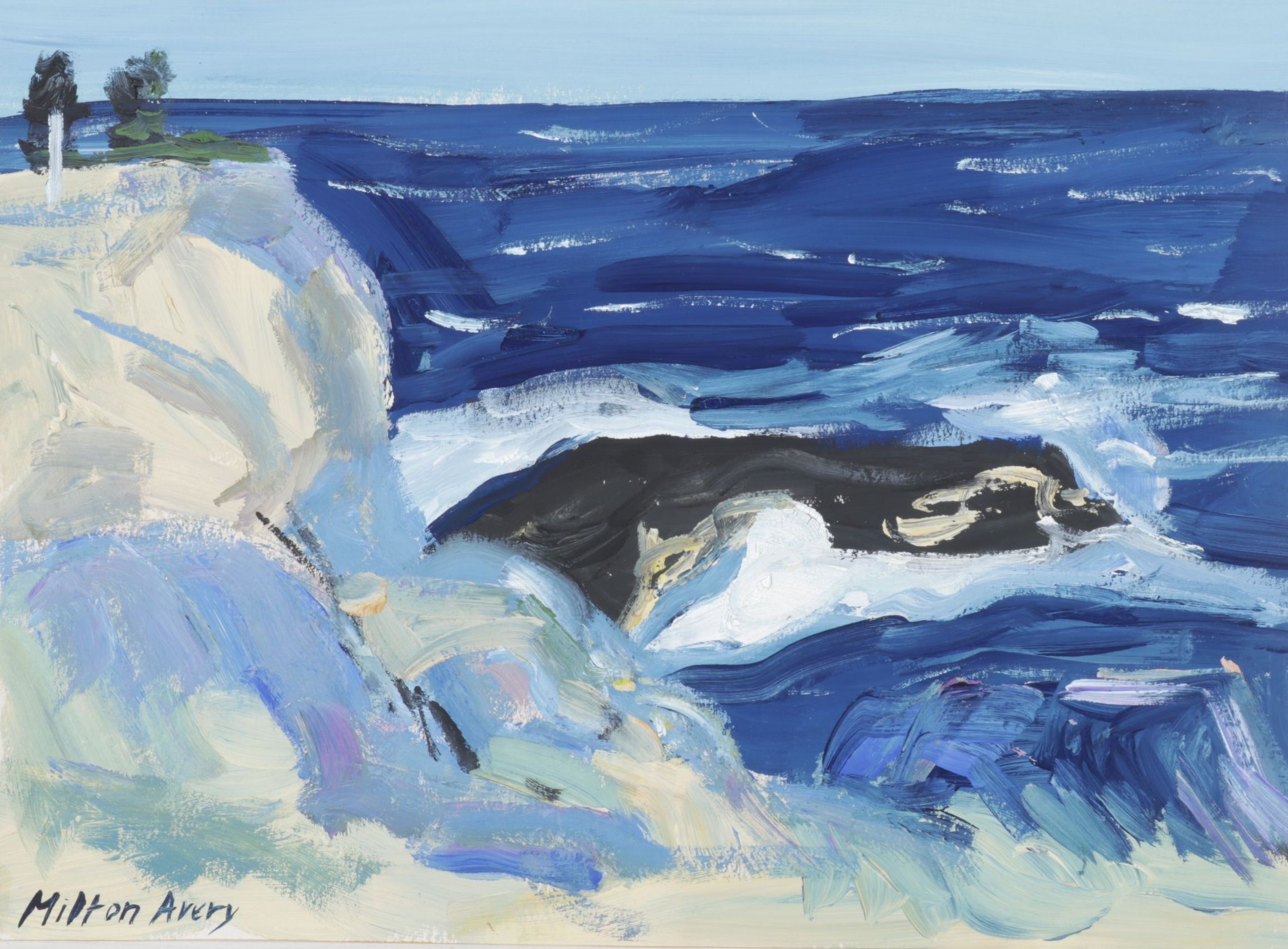 Milton Avery Abstract Impressionist Oil Painting of Waves Crashing Against Cliff