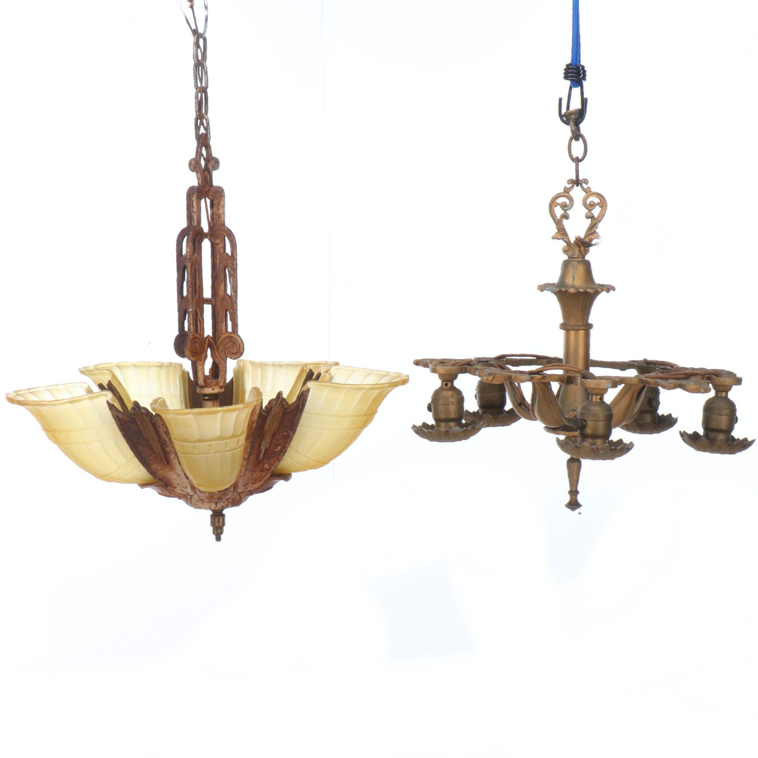 Art Deco Slipper Chandelier with Victorian Five-Light Chandelier, Antique