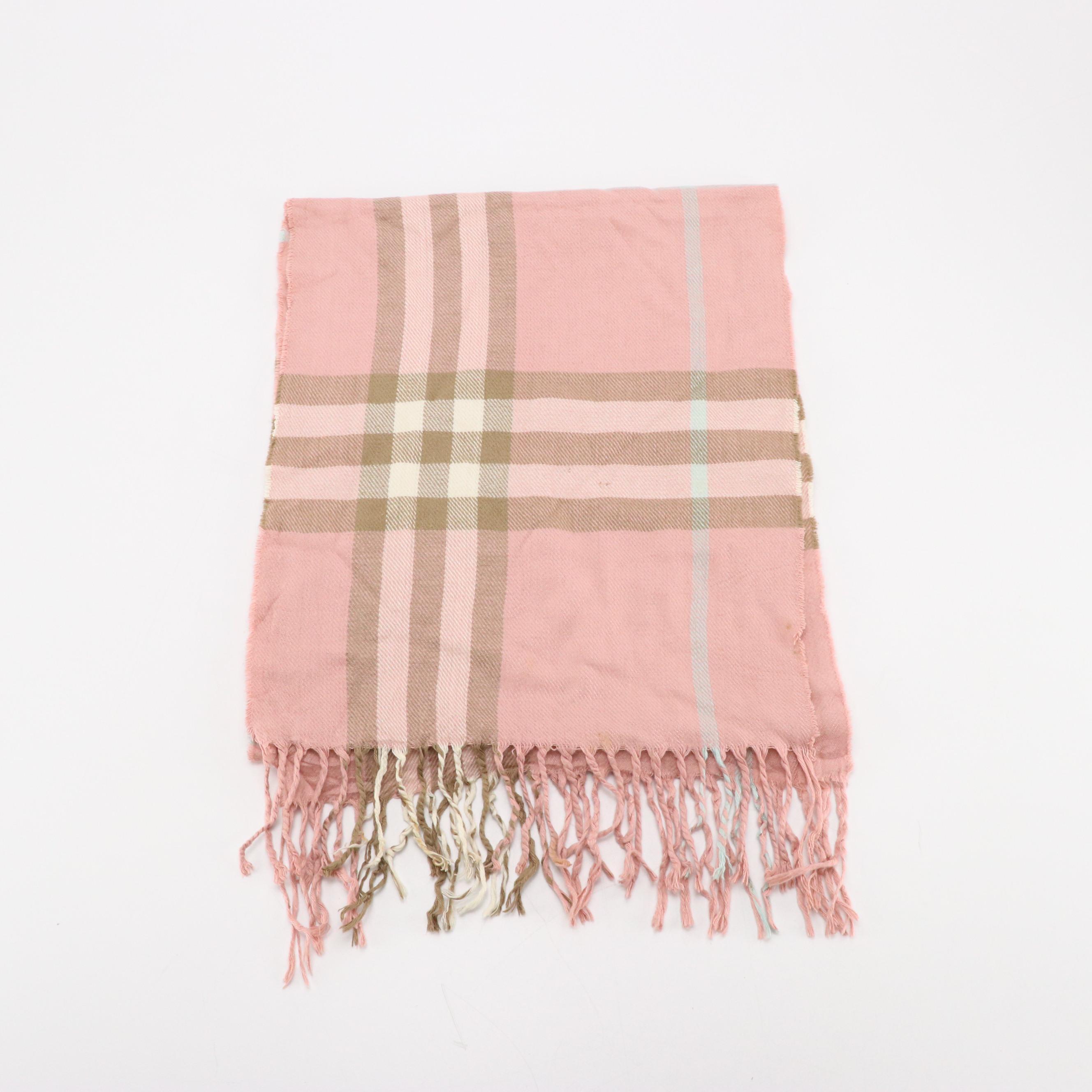 Burberry Pink House Check Lambswool Fringe Scarf