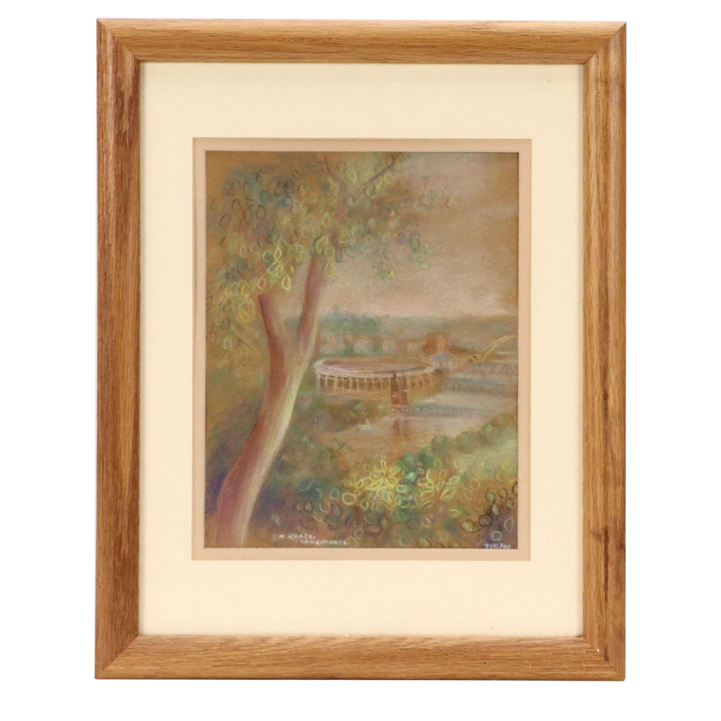 Marine Khadr-Van Schoote Ohio River Landscape Chalk Pastel Drawing, 2000