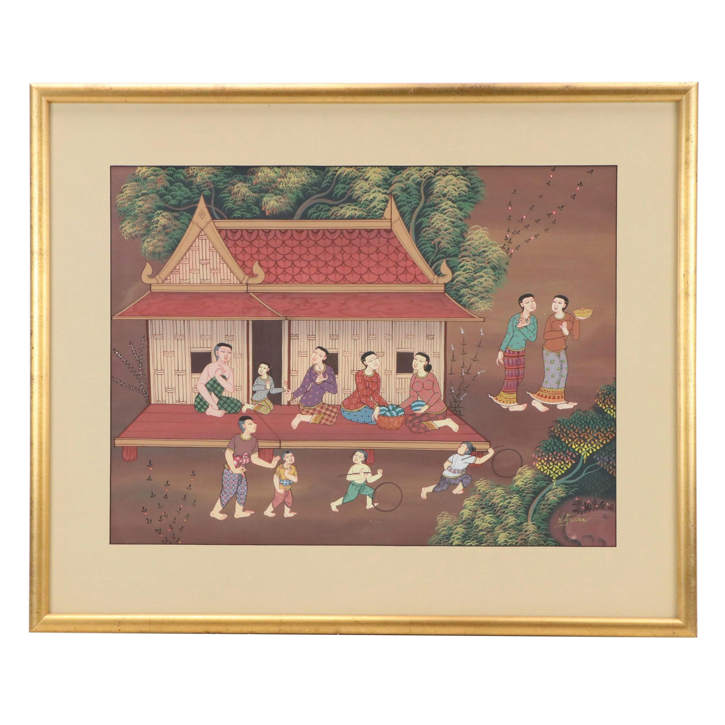 Gouache Painting of Traditional Thai Village Scene, 20th Century