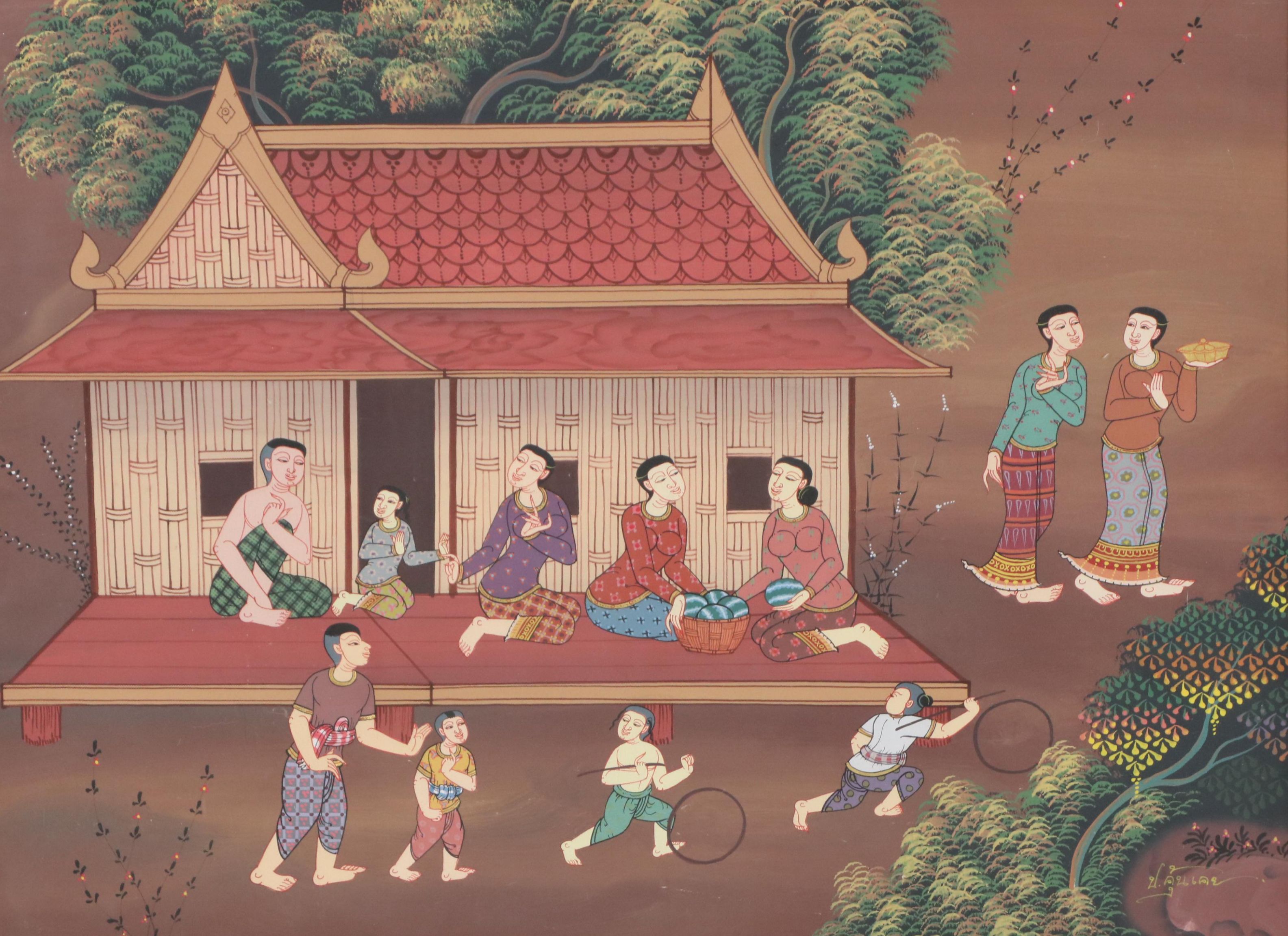 Gouache Painting of Traditional Thai Village Scene, 20th Century