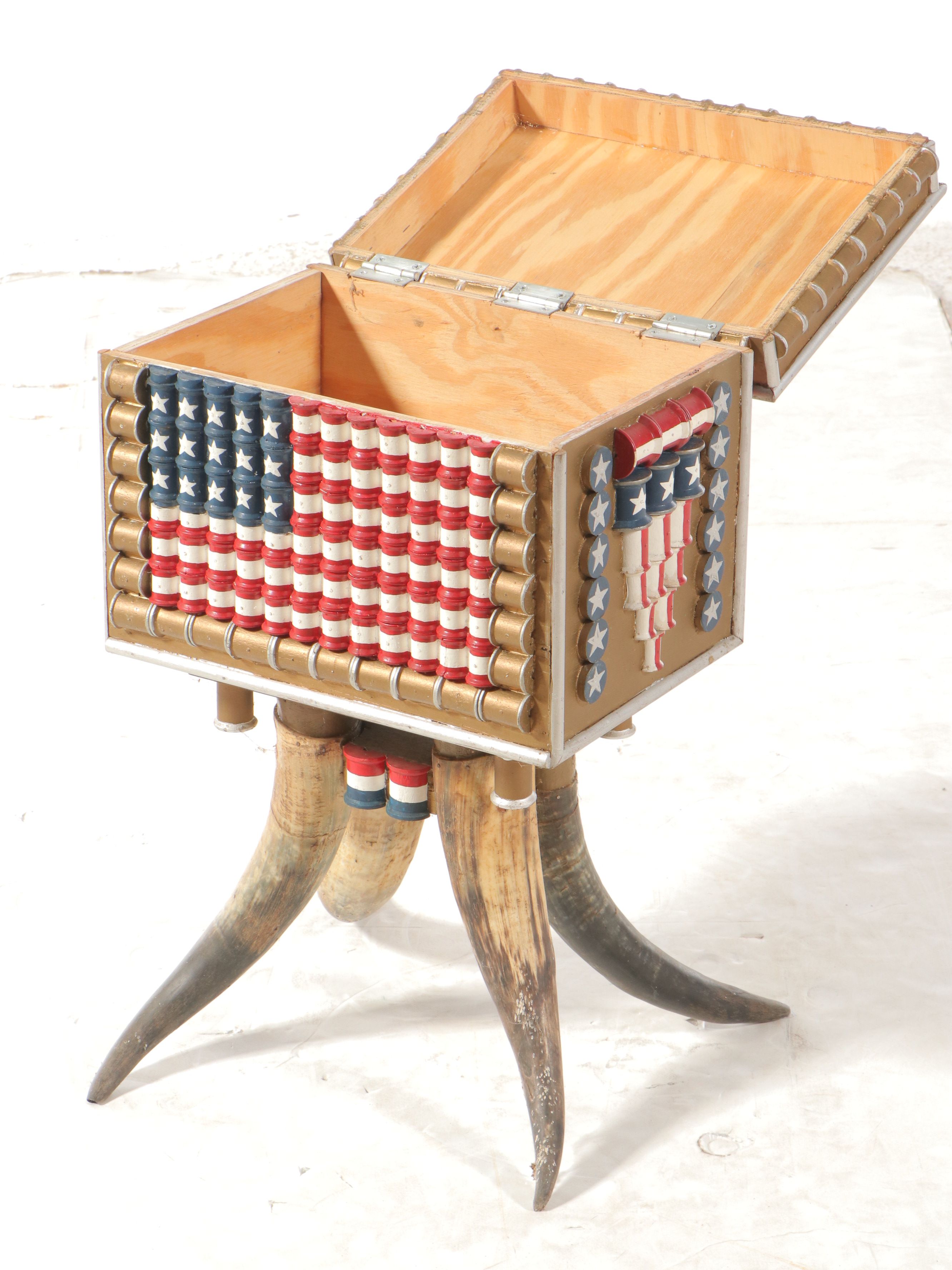 Robert Beaven American Folk Art Painted Spool Box with Horn Legs