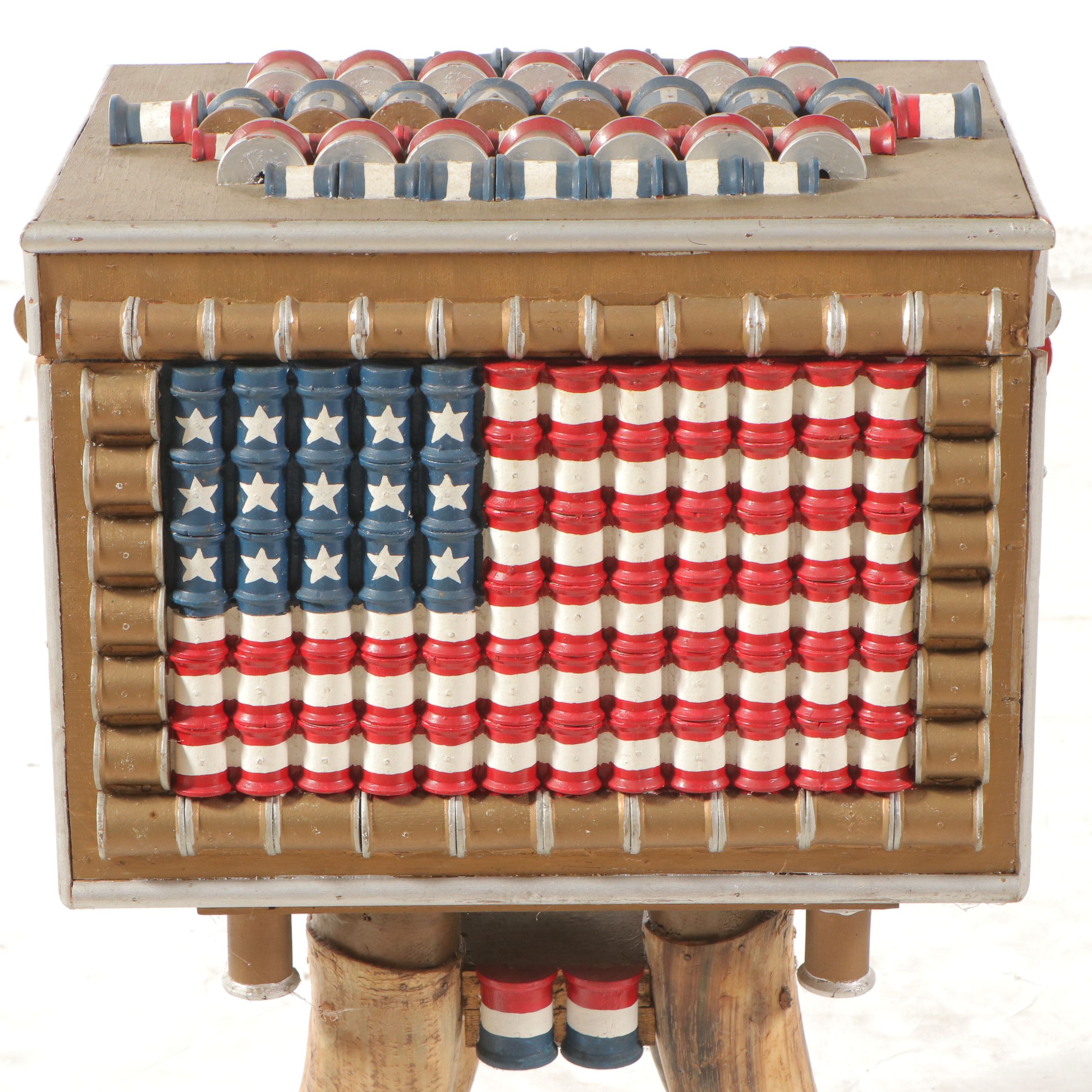 Robert Beaven American Folk Art Painted Spool Box with Horn Legs