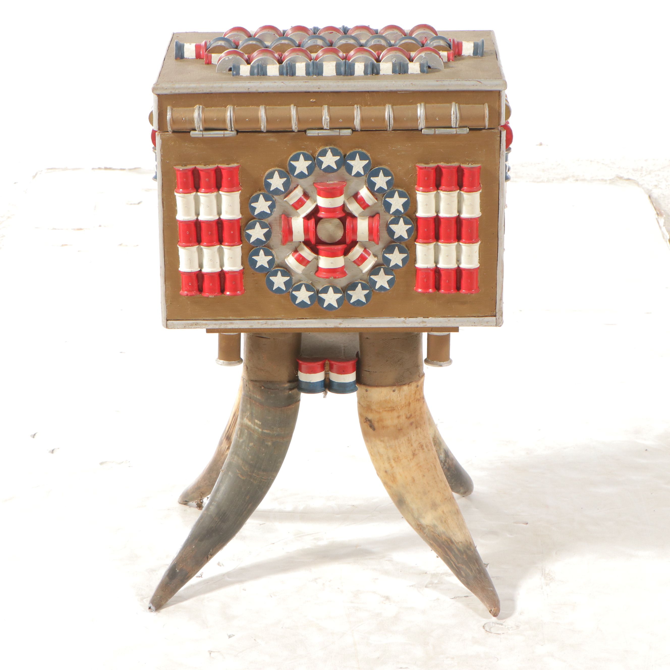 Robert Beaven American Folk Art Painted Spool Box with Horn Legs
