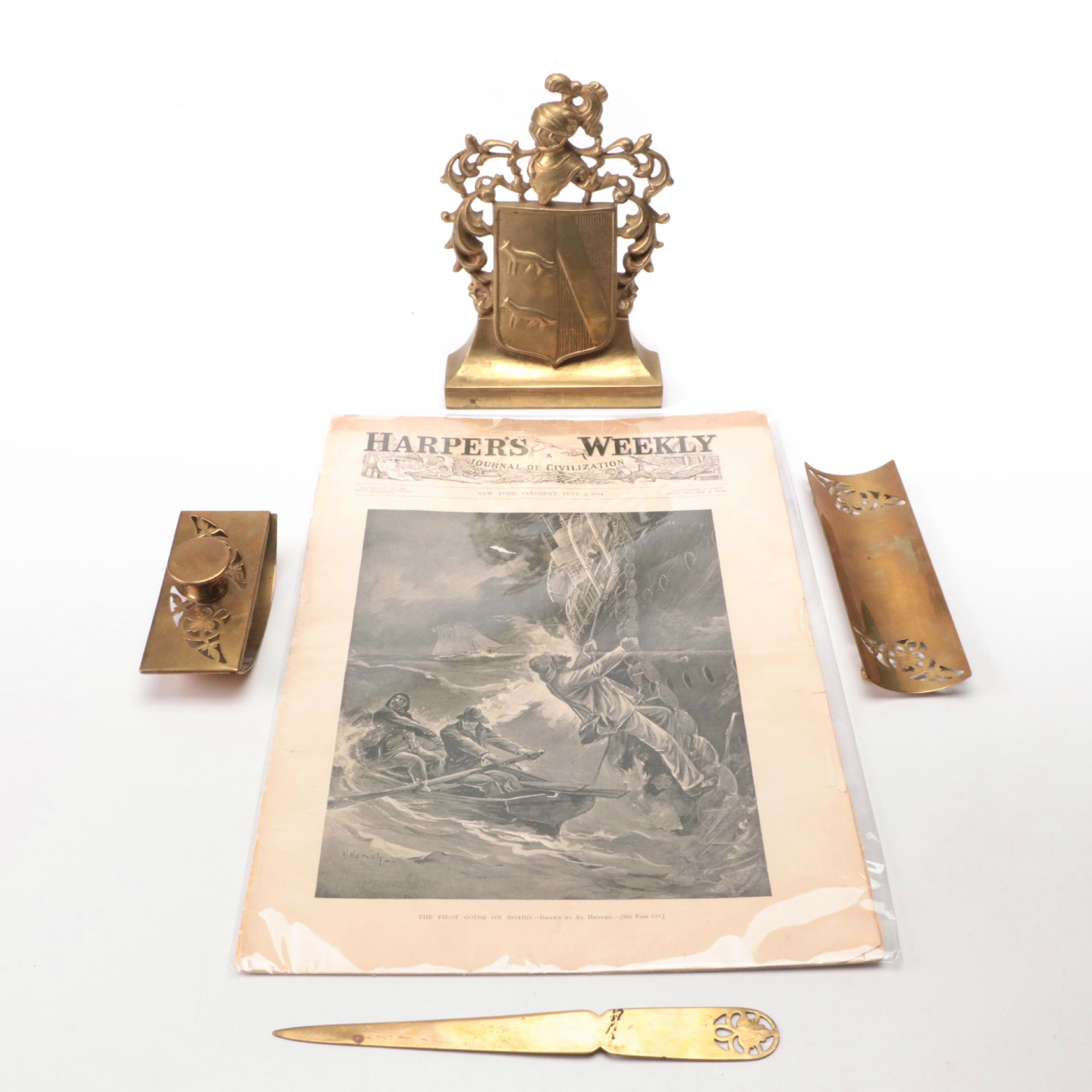 Farberware Art Deco Style Brass Desk Set with Antique "Harper's Weekly" & Décor