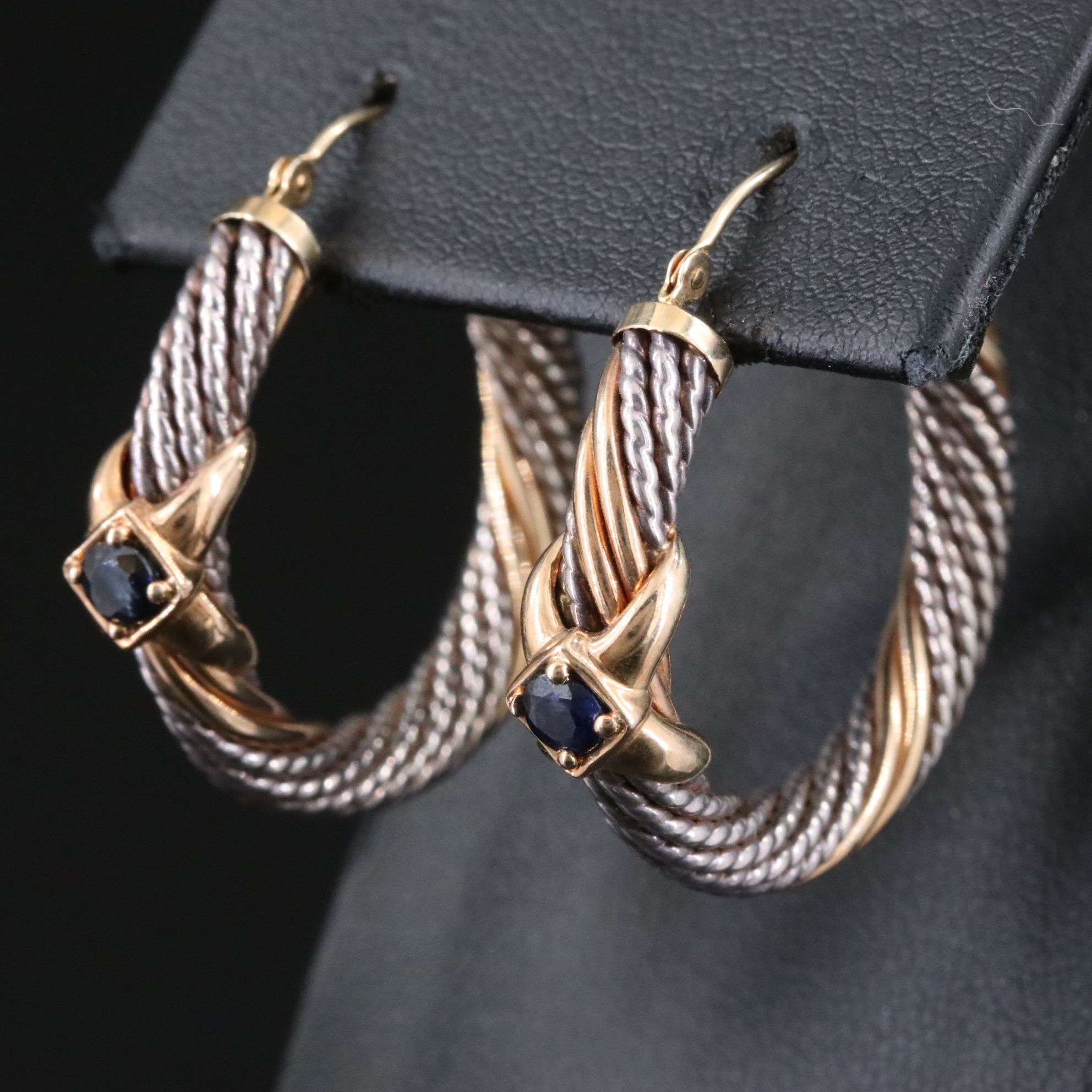 Sterling and 14K Twisted Hoop Earrings with Sapphire Accents