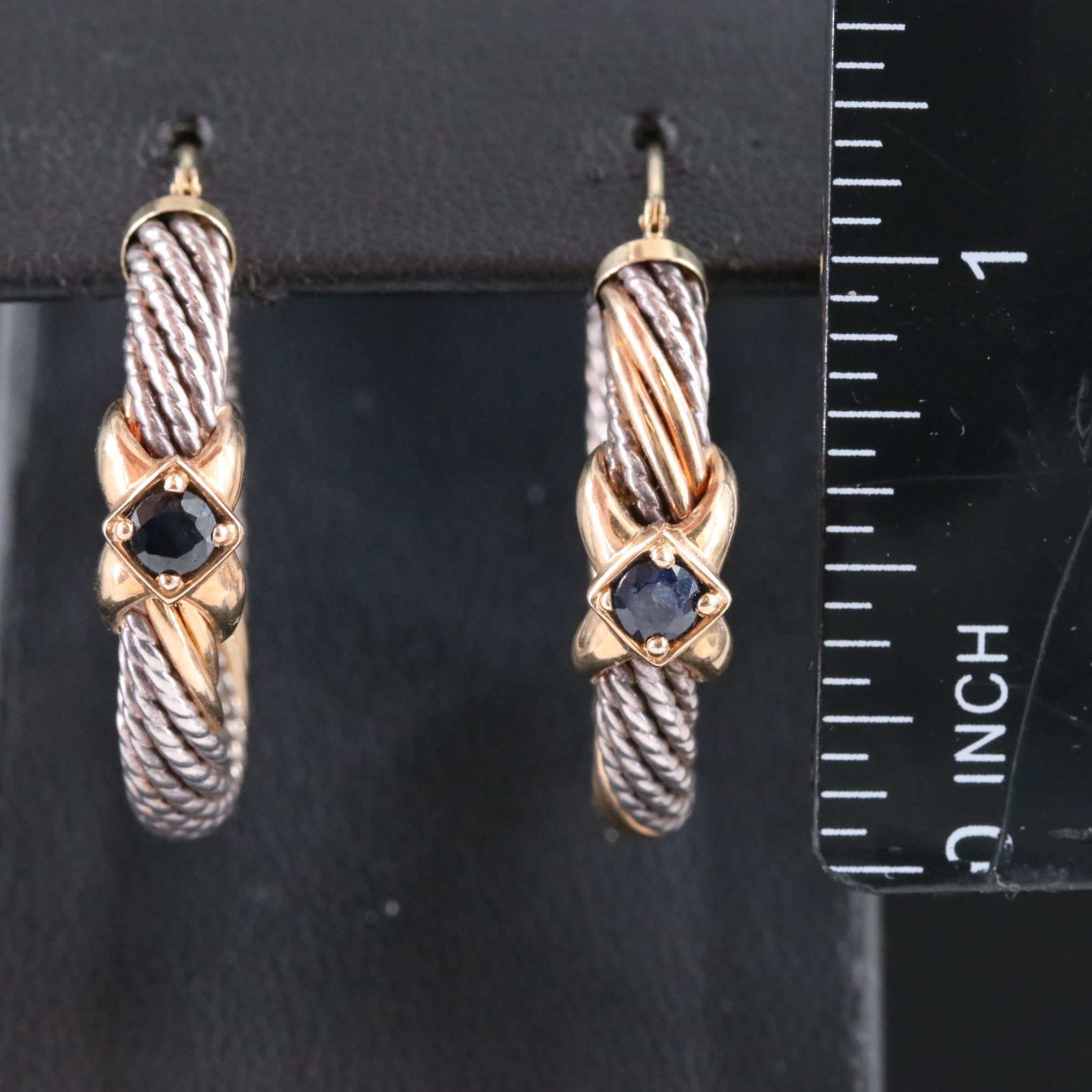 Sterling and 14K Twisted Hoop Earrings with Sapphire Accents