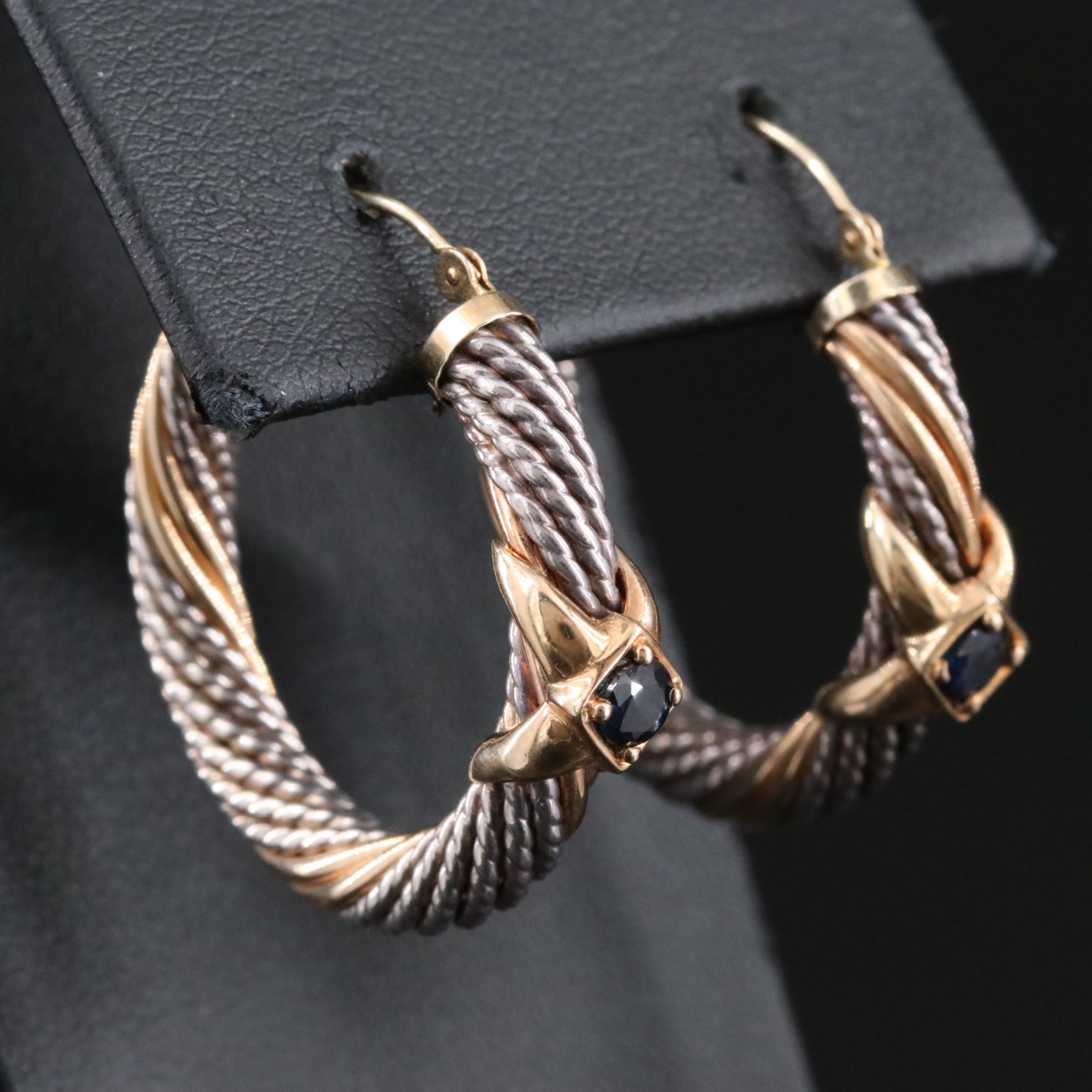 Sterling and 14K Twisted Hoop Earrings with Sapphire Accents