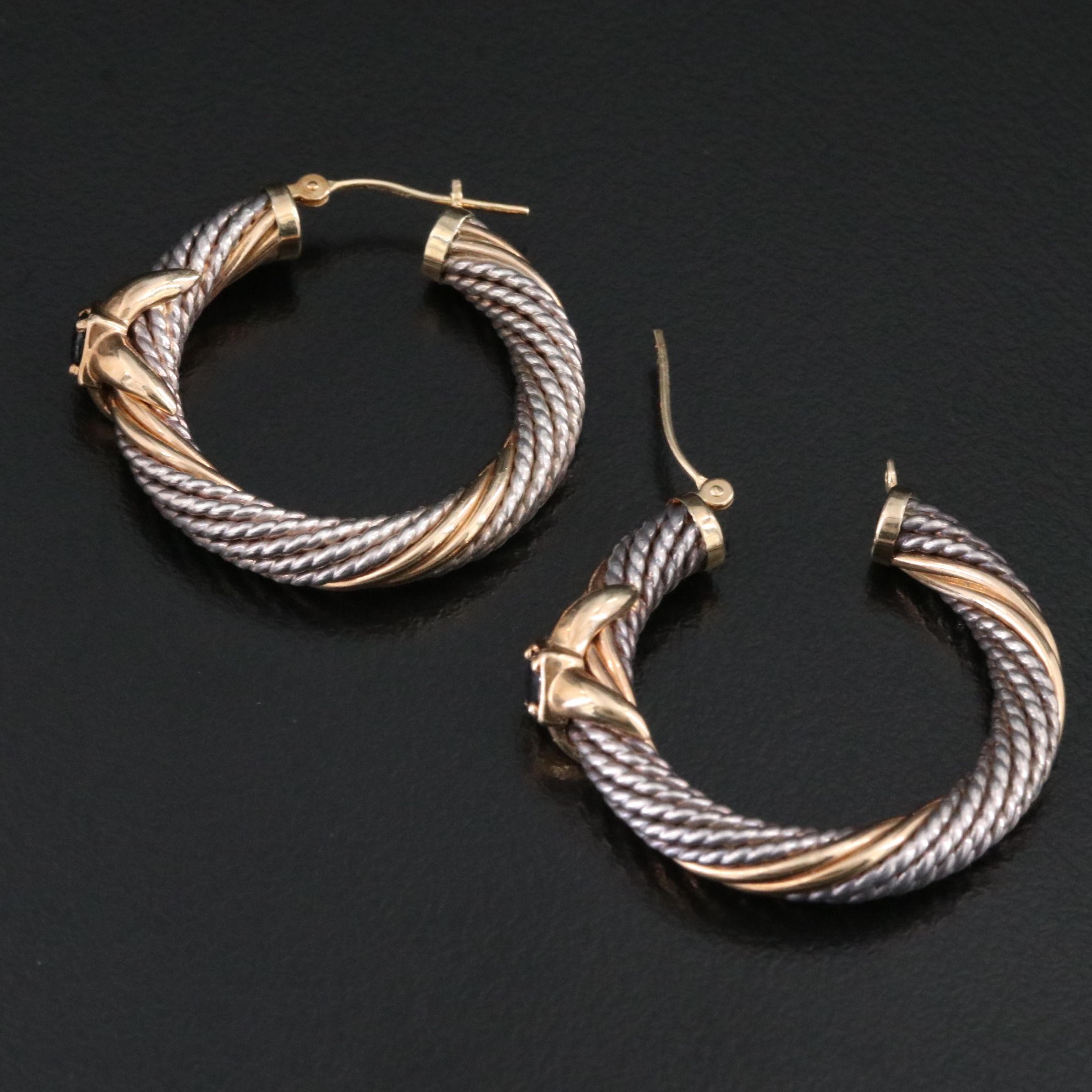 Sterling and 14K Twisted Hoop Earrings with Sapphire Accents