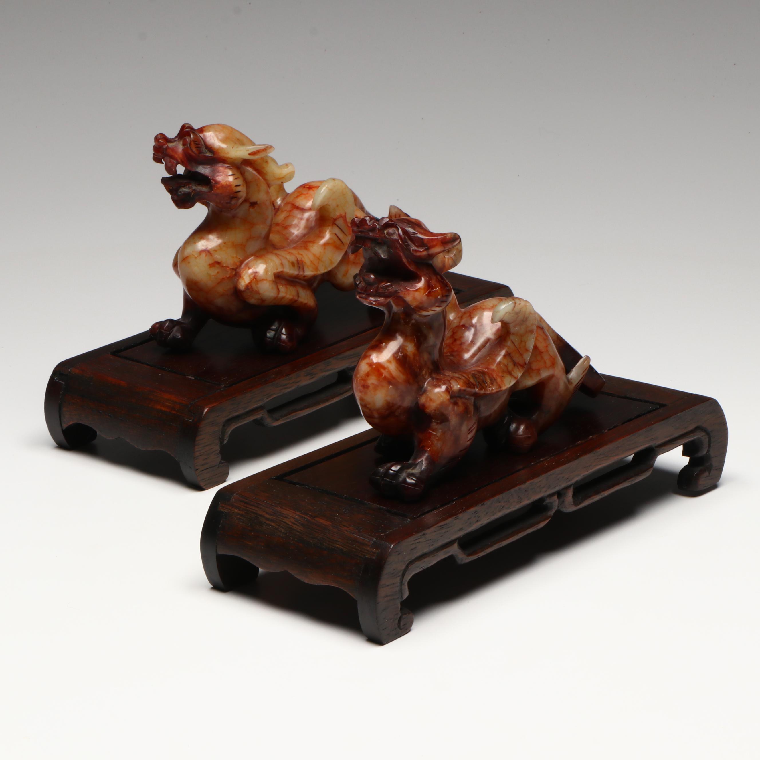 Pair of Chinese Serpentine Dragons on Carved Wood Stands