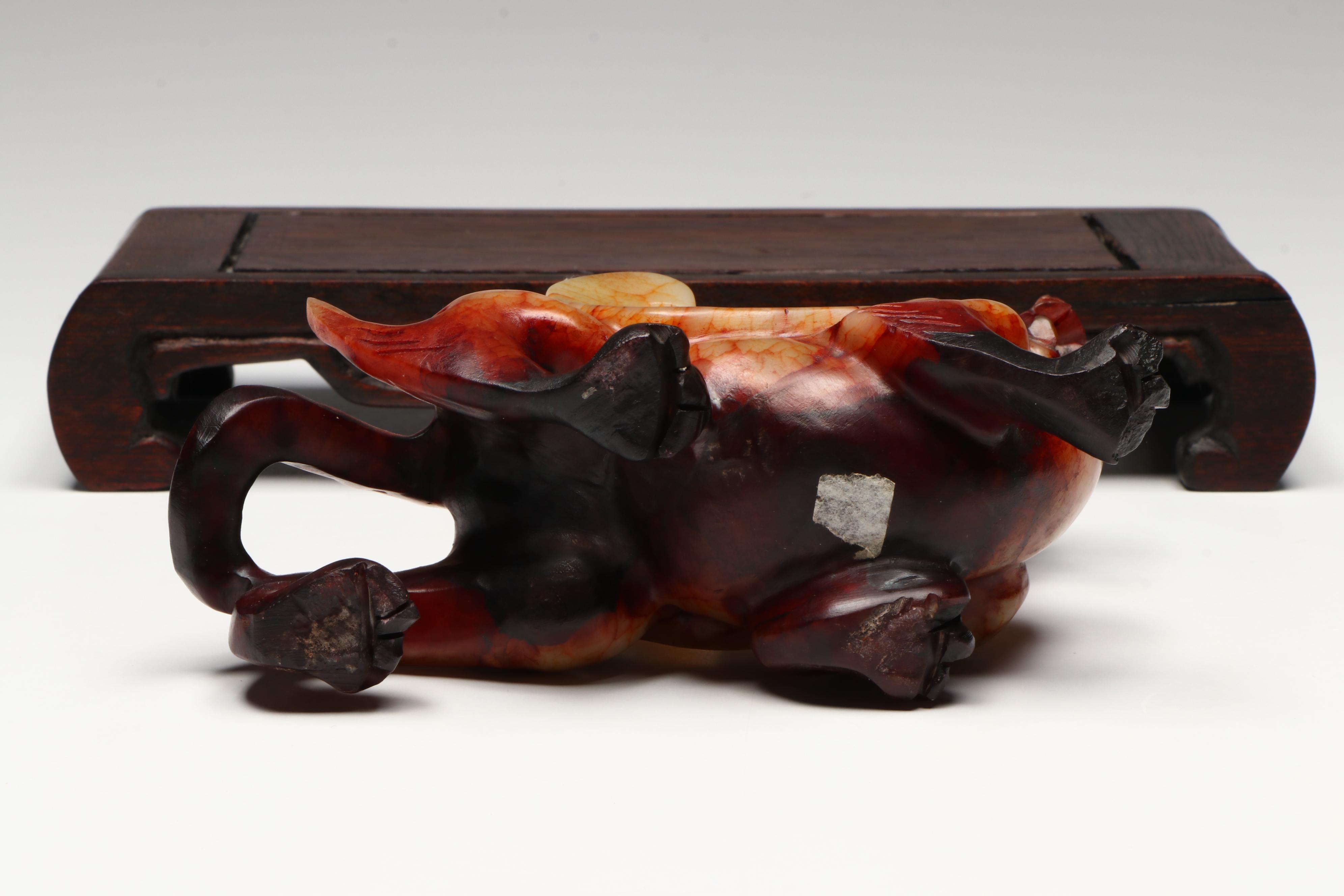 Pair of Chinese Serpentine Dragons on Carved Wood Stands