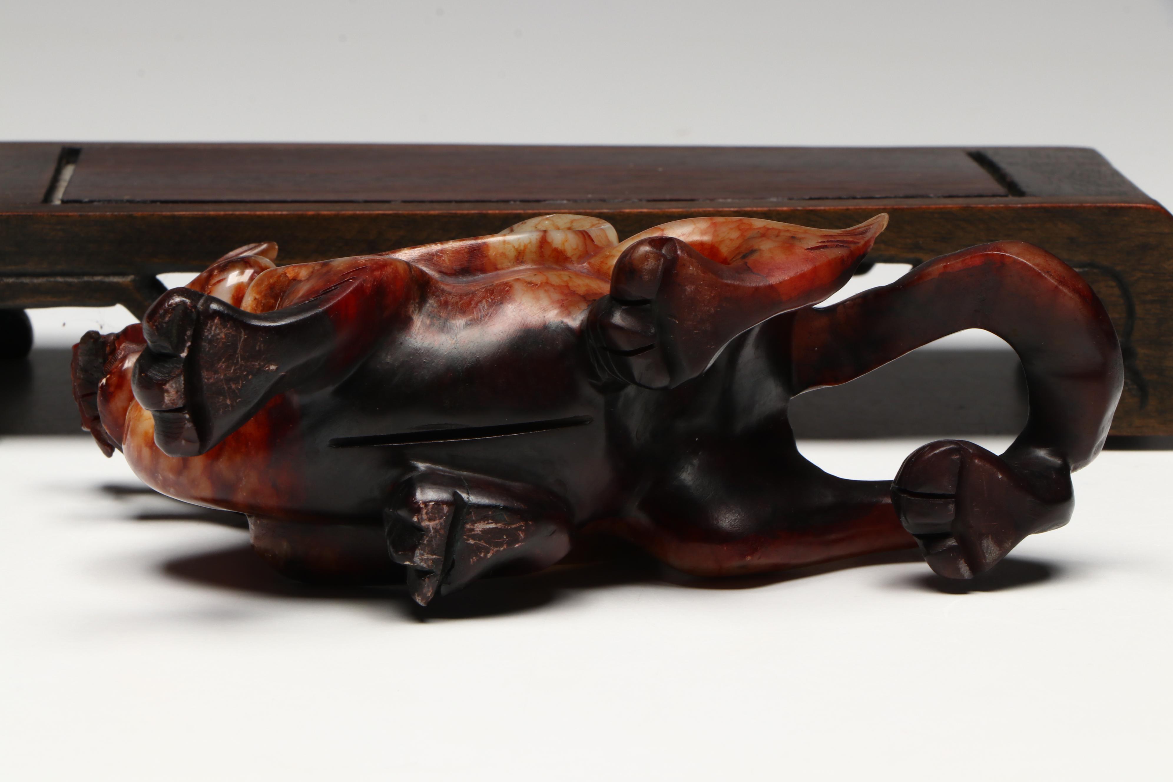 Pair of Chinese Serpentine Dragons on Carved Wood Stands