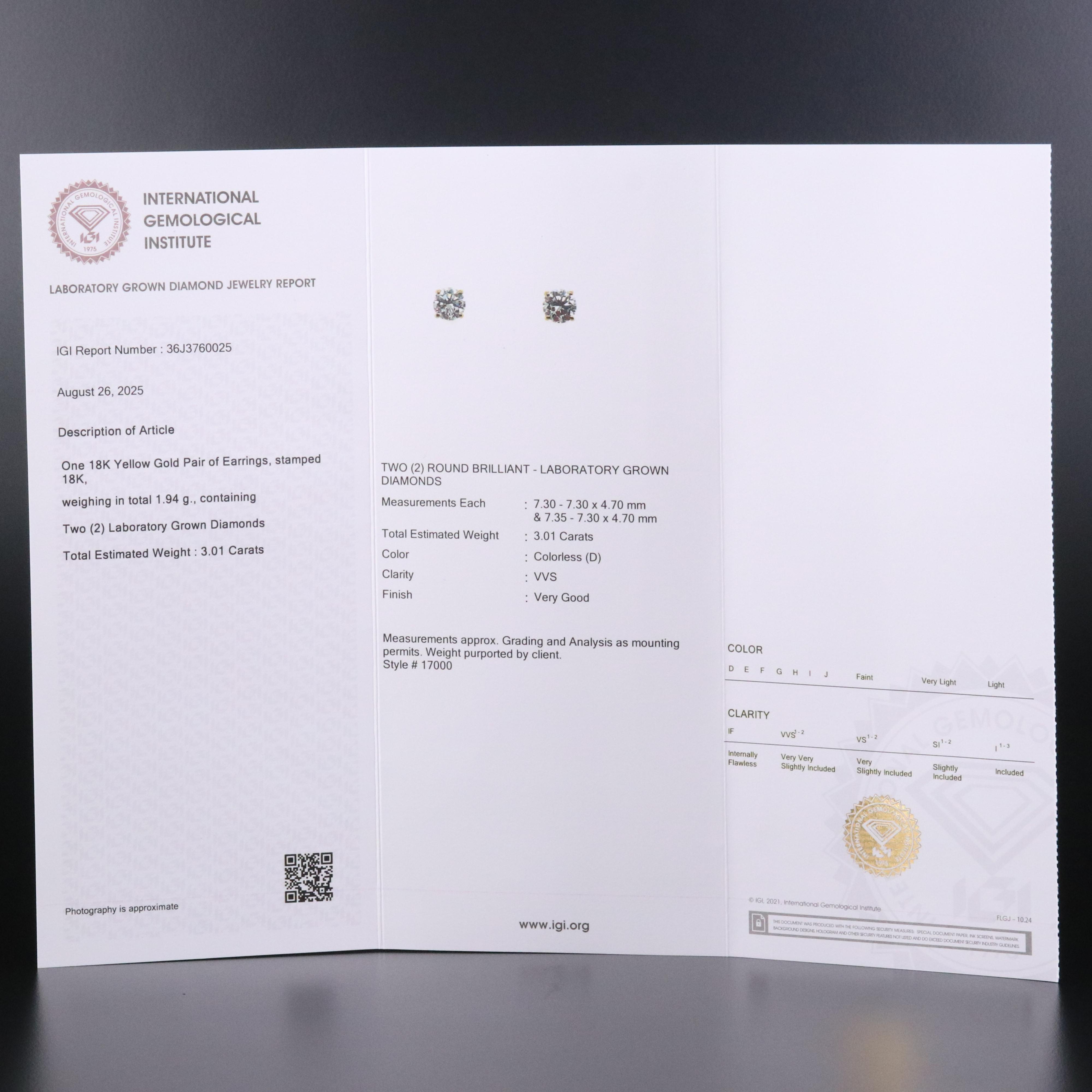 18K 3.01 CTW Lab Grown Diamond Stud Earrings with IGI Jewelry Report