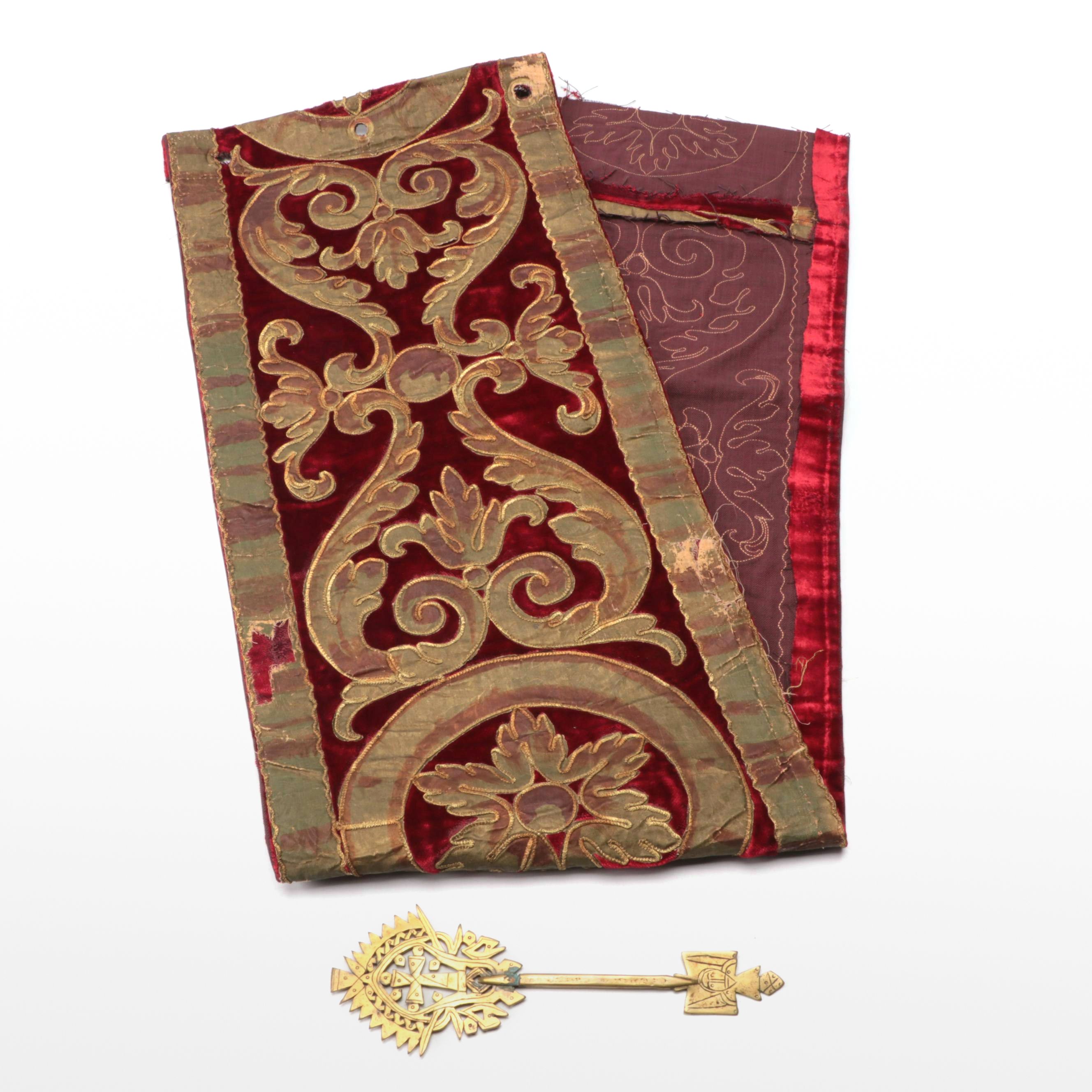 Ethiopian Coptic Brass Key, Baroque Style Velvet & Gilt Embroidery Panel
