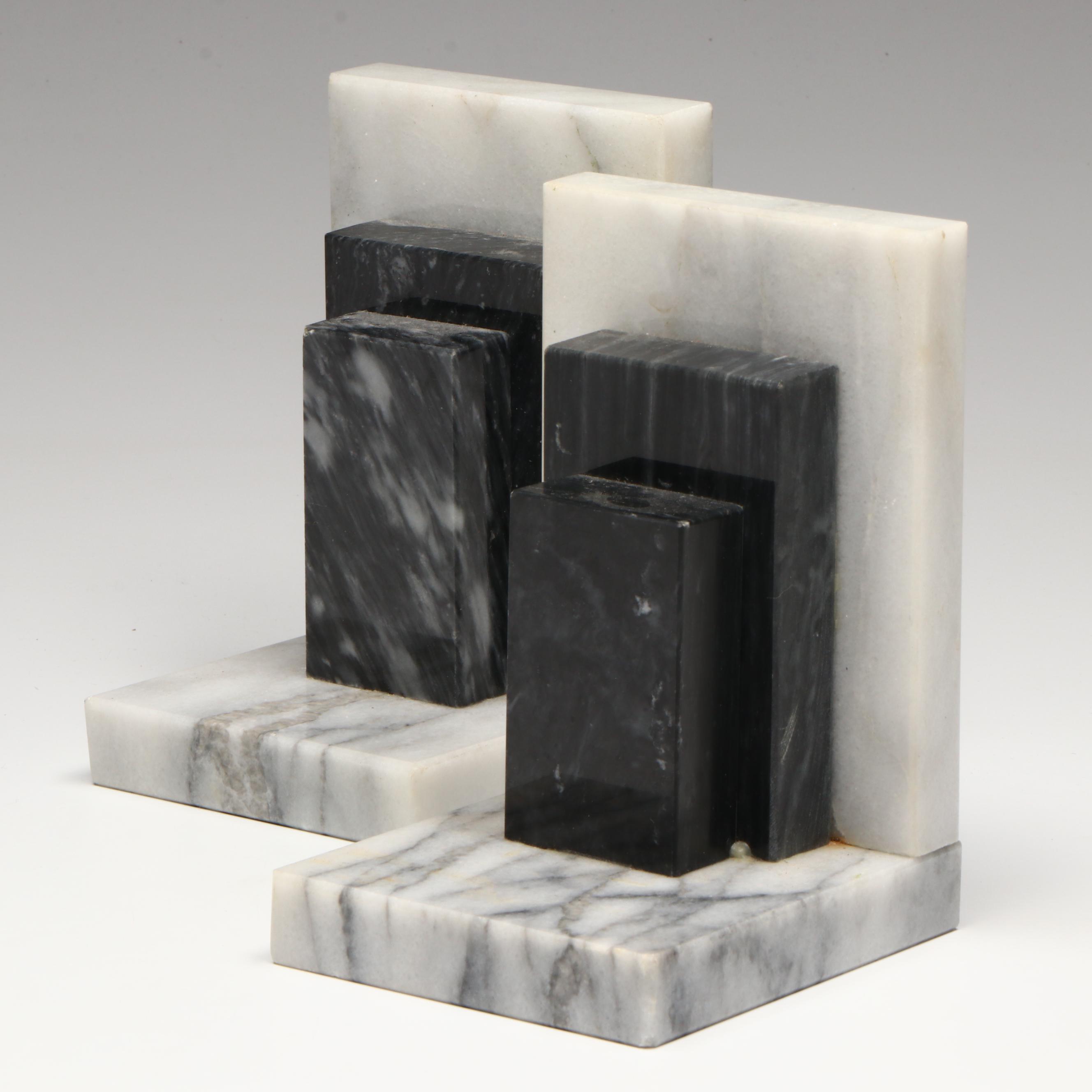 Art Deco Style Marble Bookends with Rose Quartz Grapes and Stone Figurines