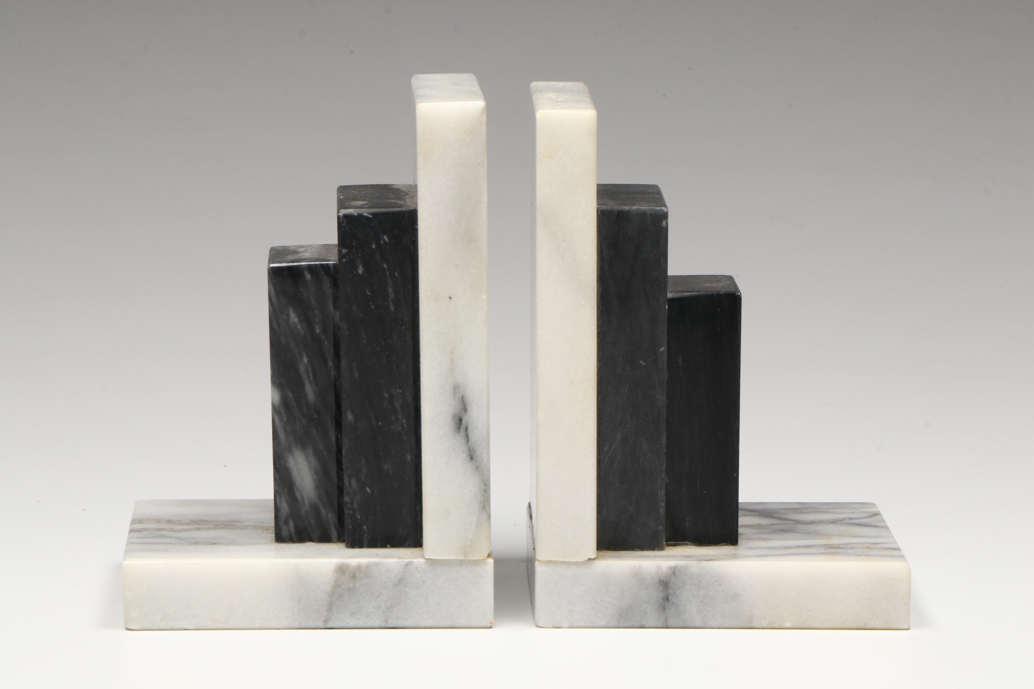 Art Deco Style Marble Bookends with Rose Quartz Grapes and Stone Figurines