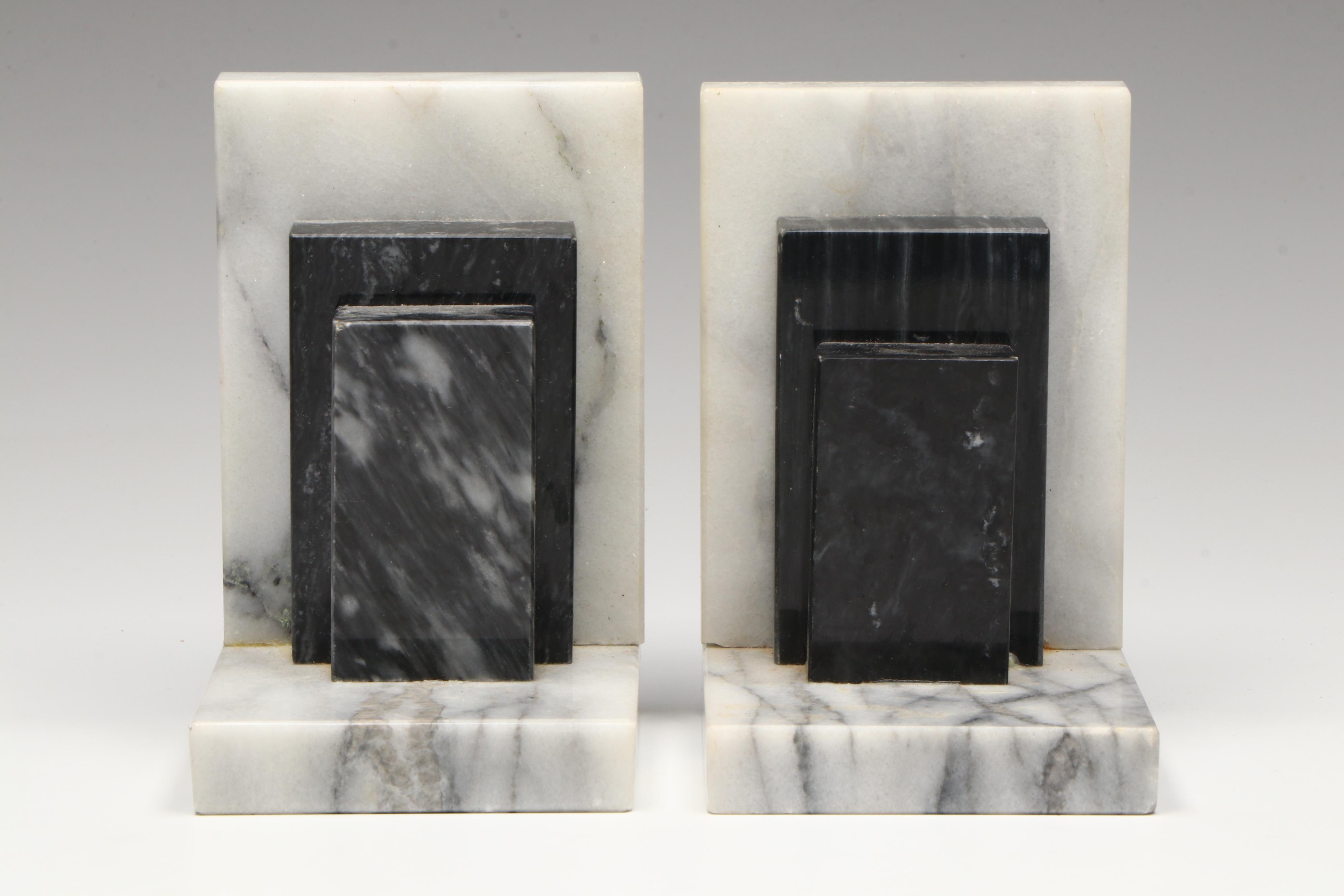 Art Deco Style Marble Bookends with Rose Quartz Grapes and Stone Figurines