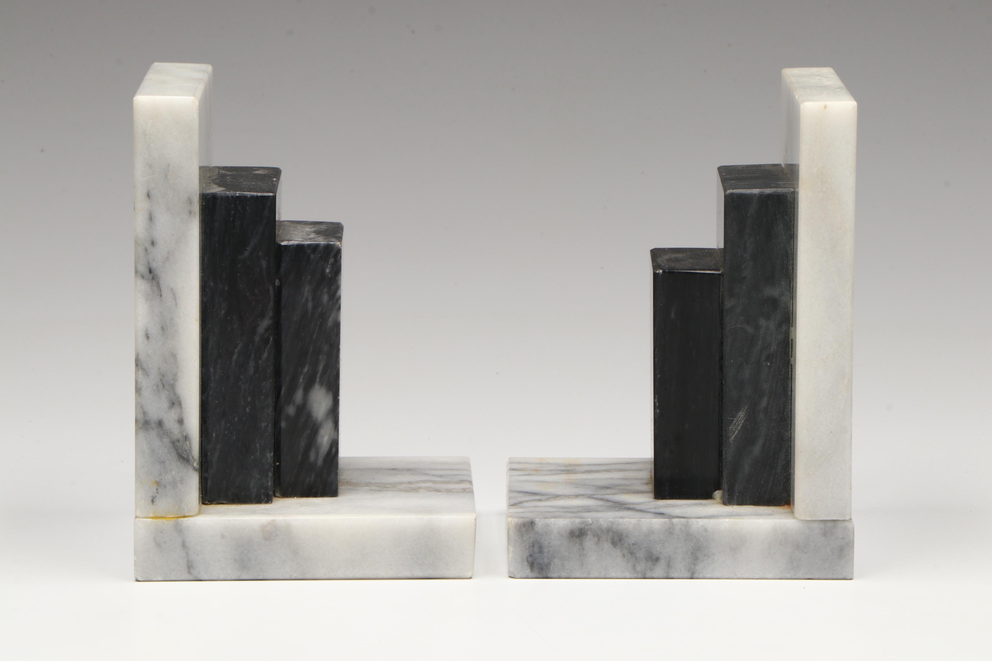 Art Deco Style Marble Bookends with Rose Quartz Grapes and Stone Figurines