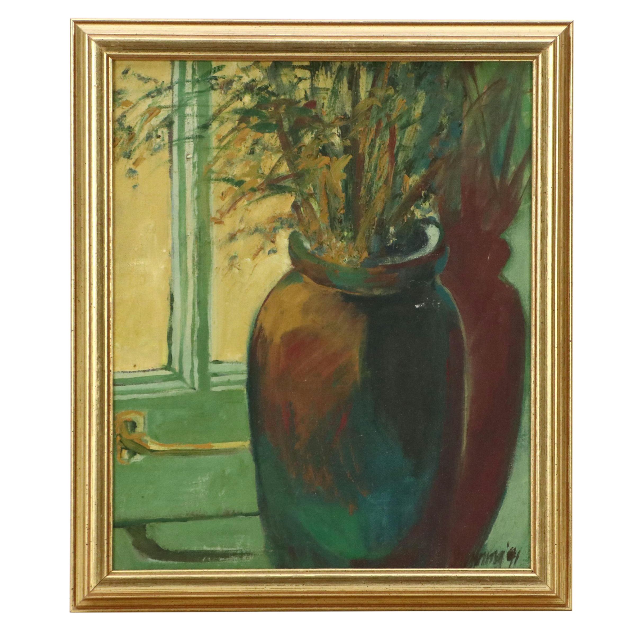 Modernist Floral Still Life Oil Painting, Late 20th Century