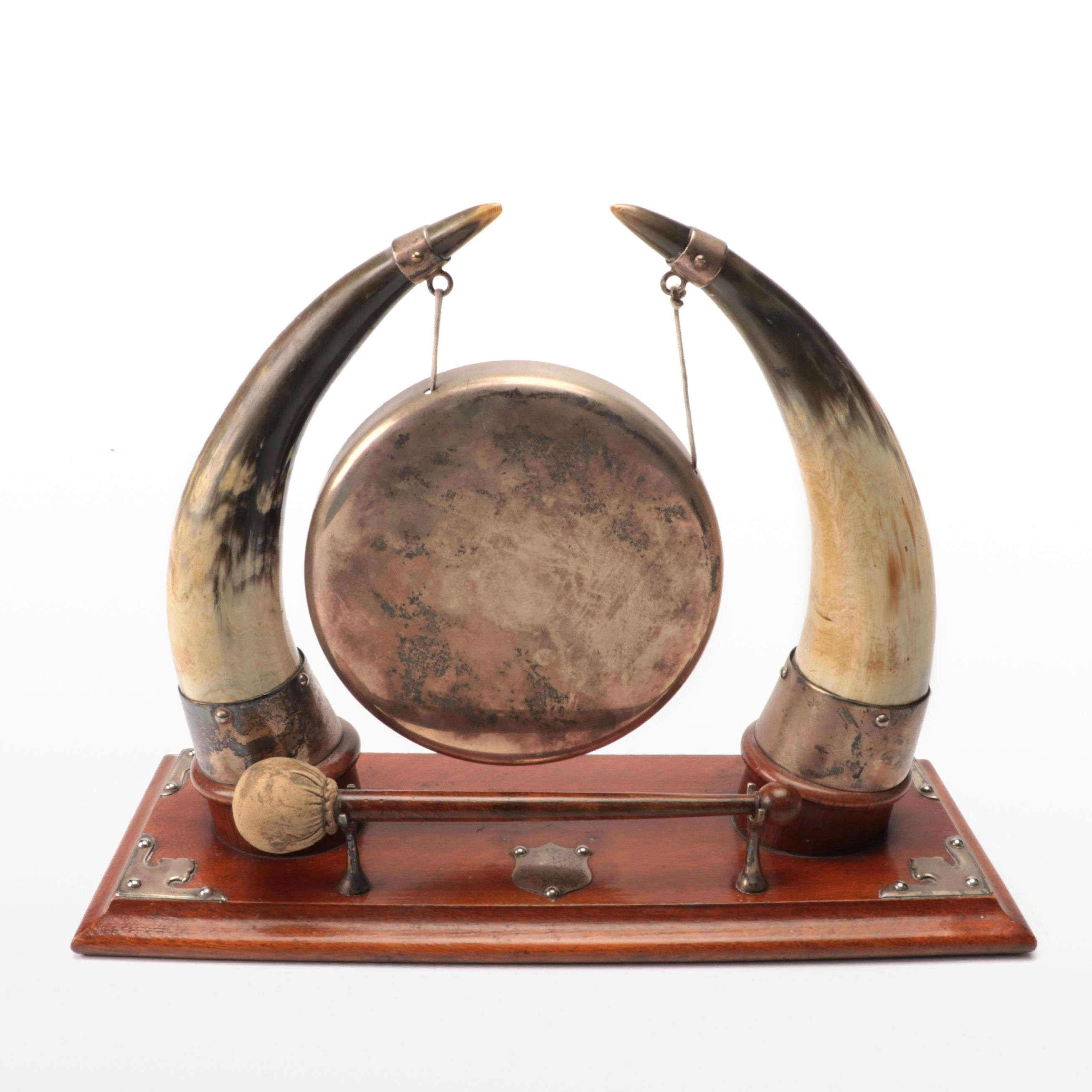 Horn Held Silver Plate Dinner Gong on Wood Base
