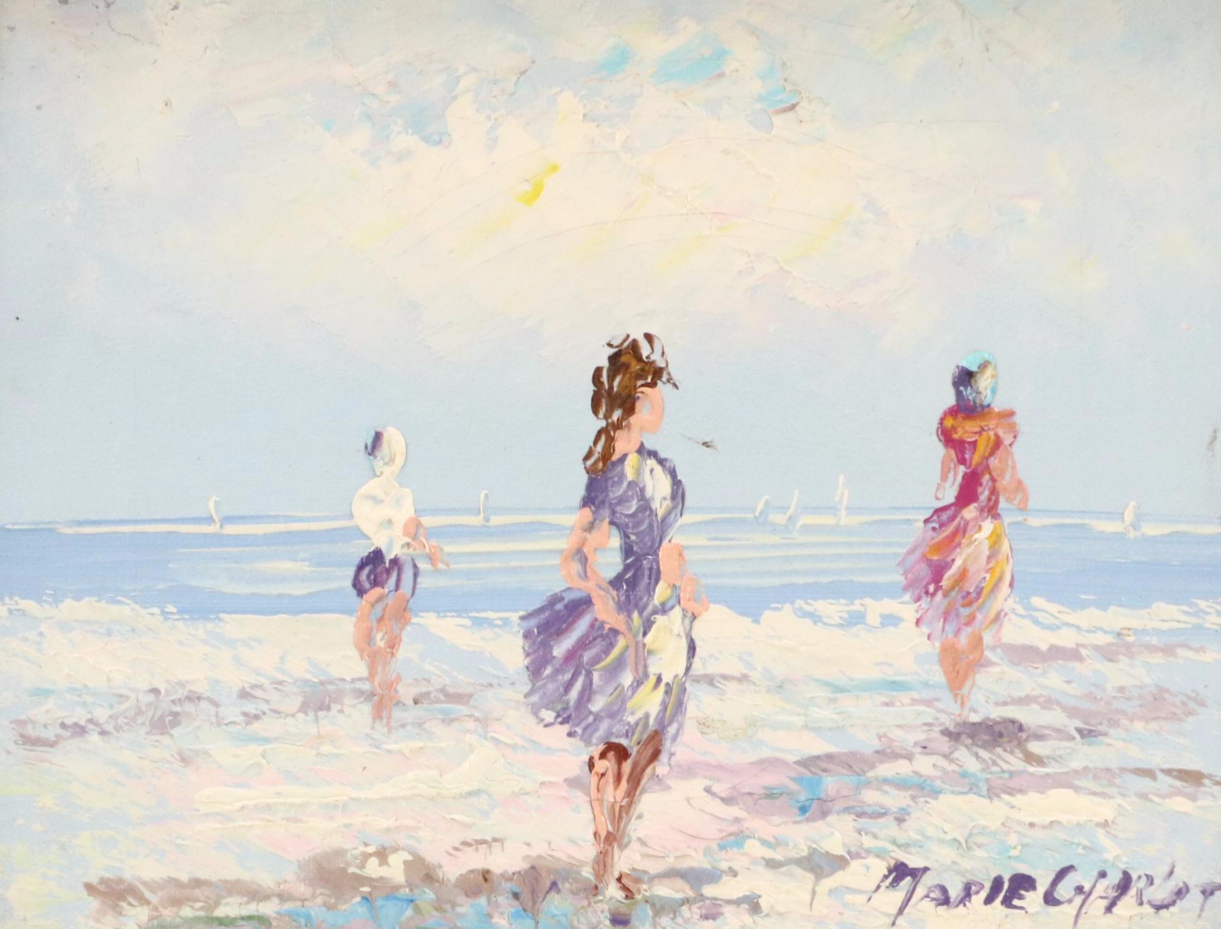 M. Charlot Impressionistic Oil Paintings of Arc de Triomphe and Women at Beach