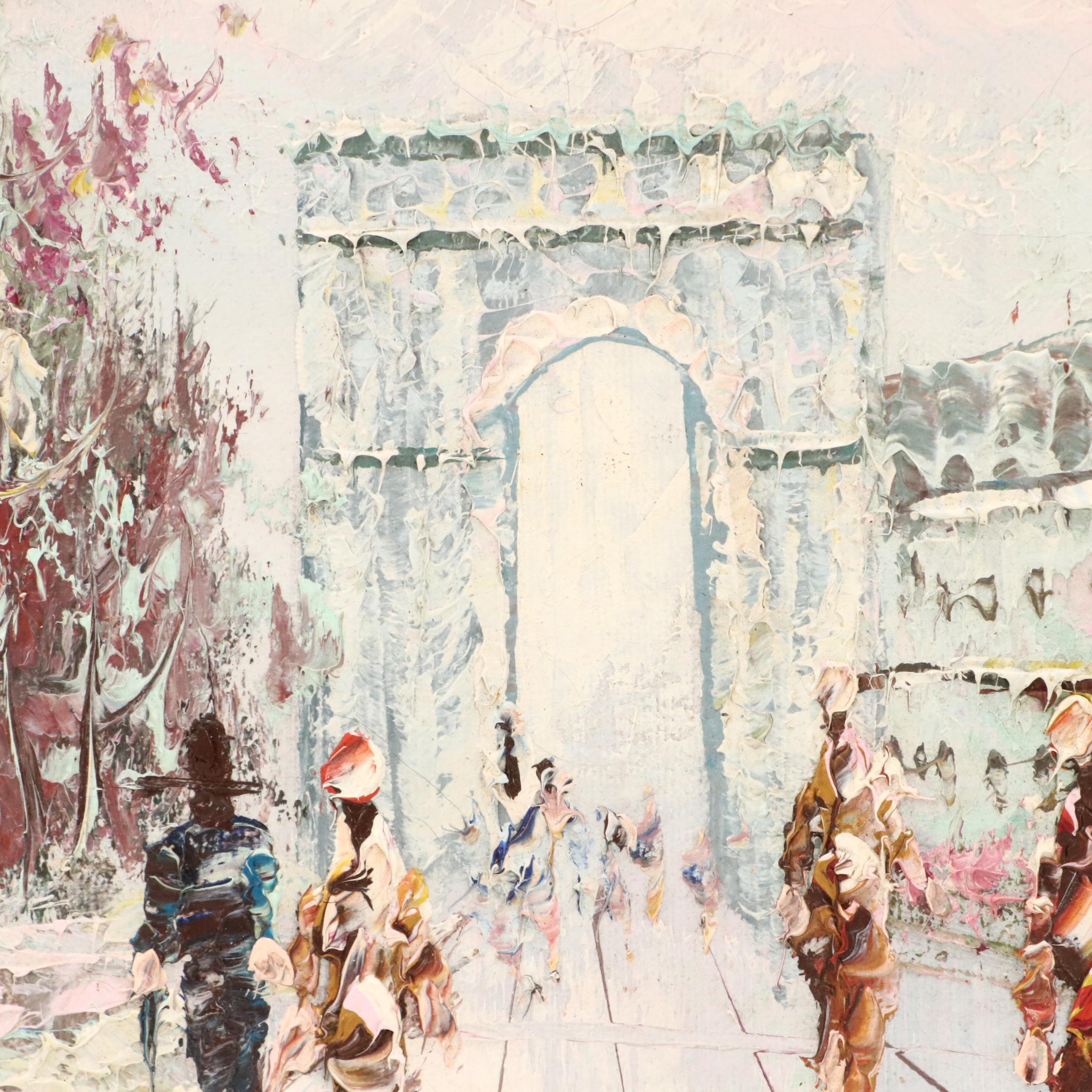 M. Charlot Impressionistic Oil Paintings of Arc de Triomphe and Women at Beach