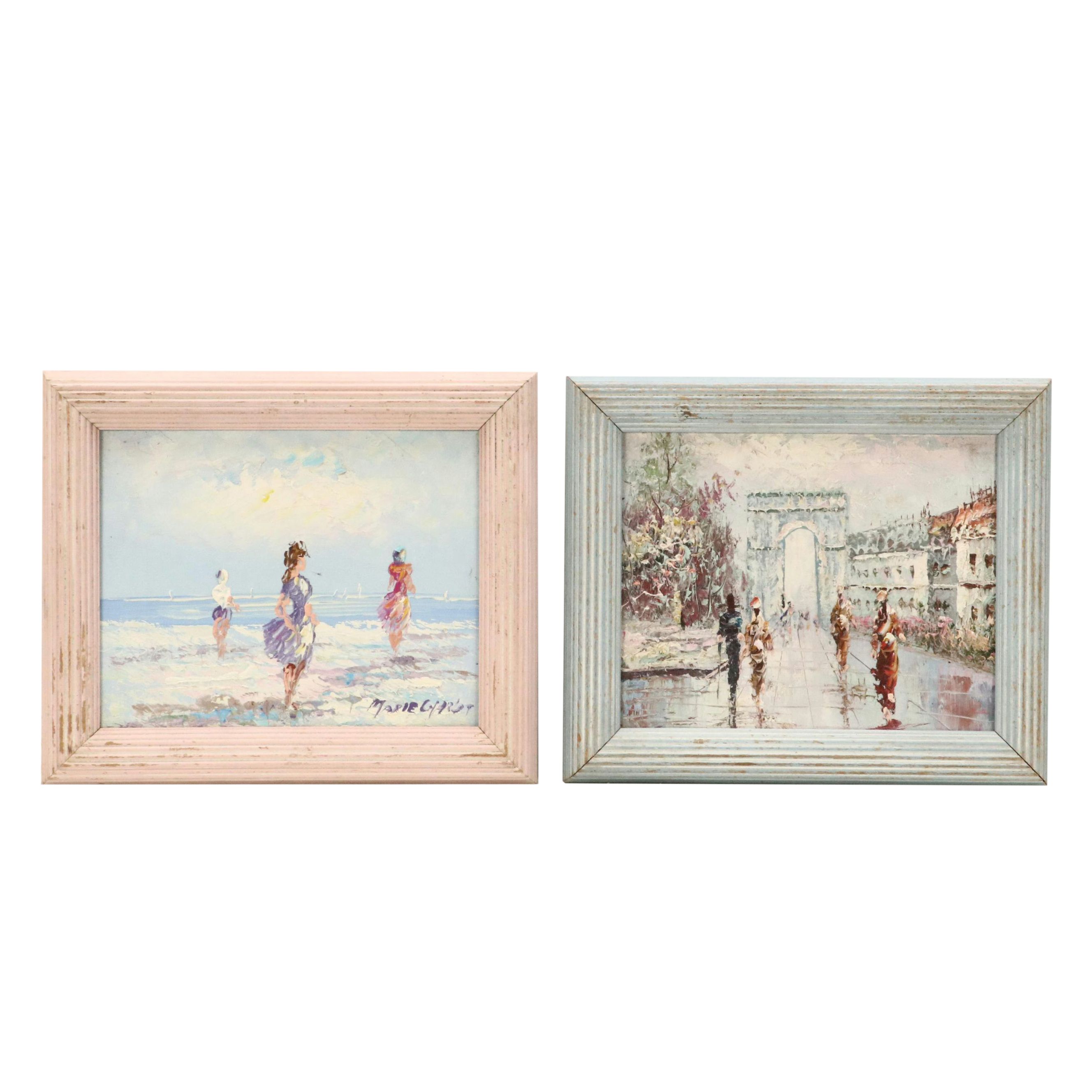 M. Charlot Impressionistic Oil Paintings of Arc de Triomphe and Women at Beach