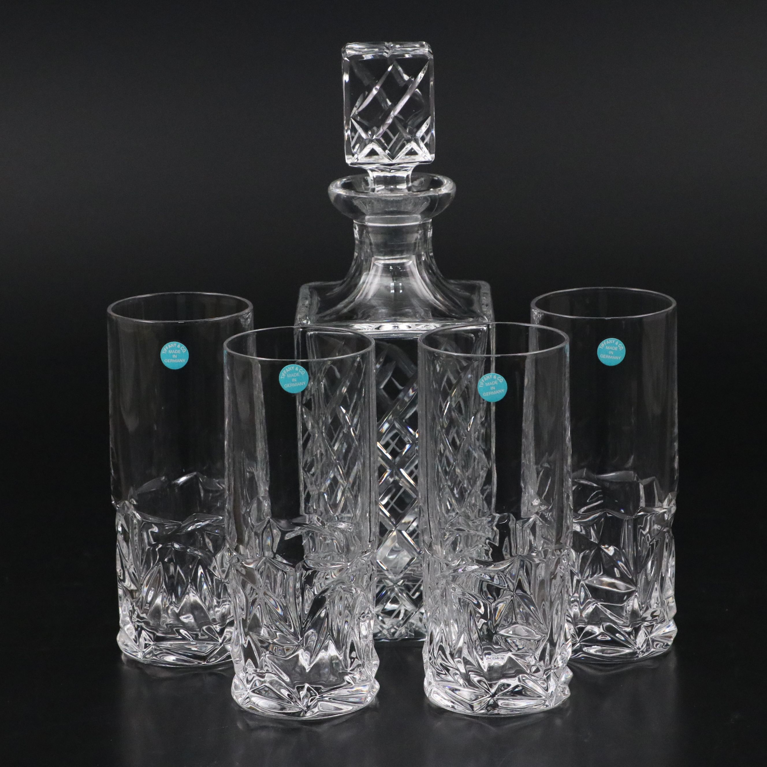 Tiffany & Co. "Rock Cut" Crystal Highball Glasses with Other Crystal Decanter