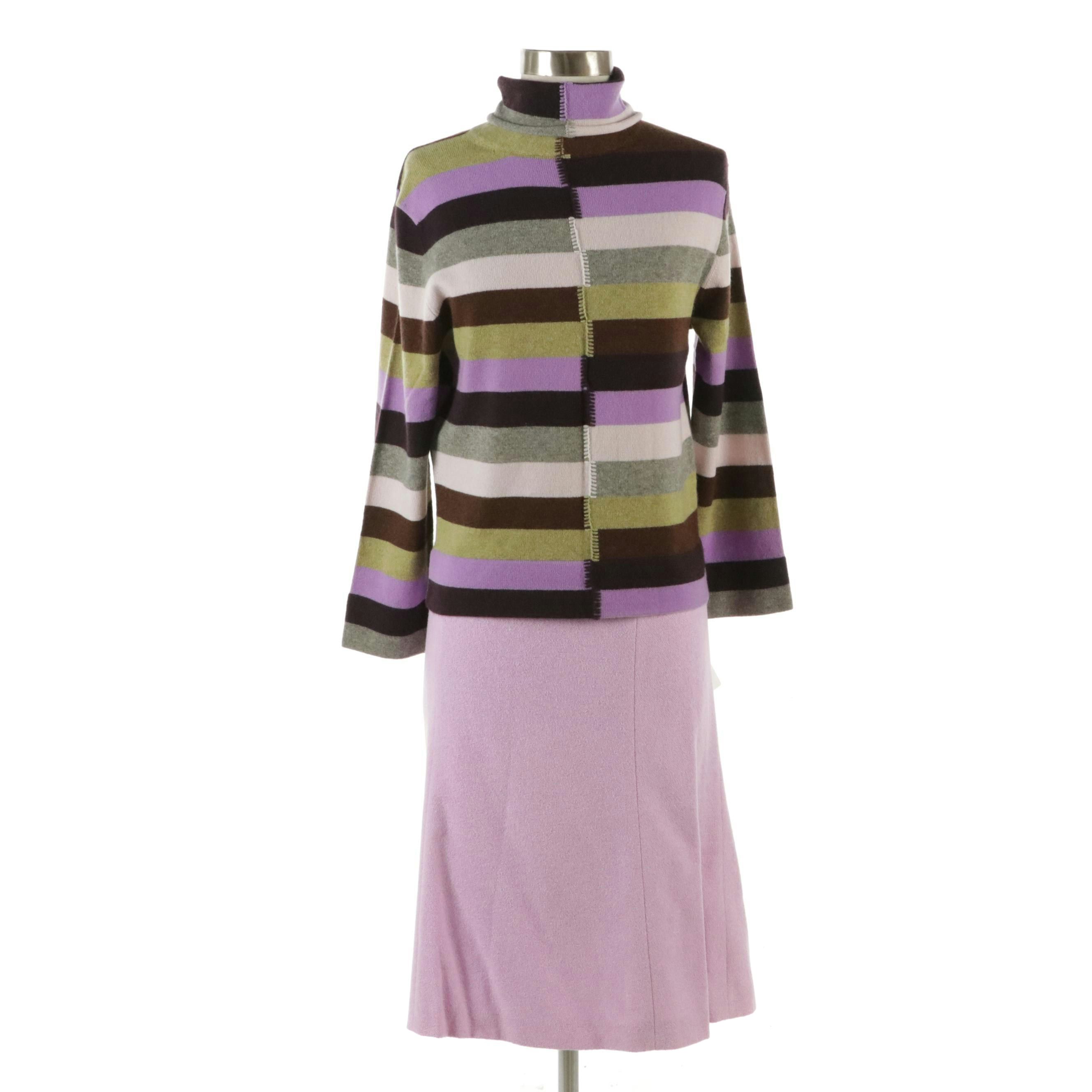 TSE Surface Striped Cashmere Turtleneck and Escada Lilac Wool Blend Flare Skirt