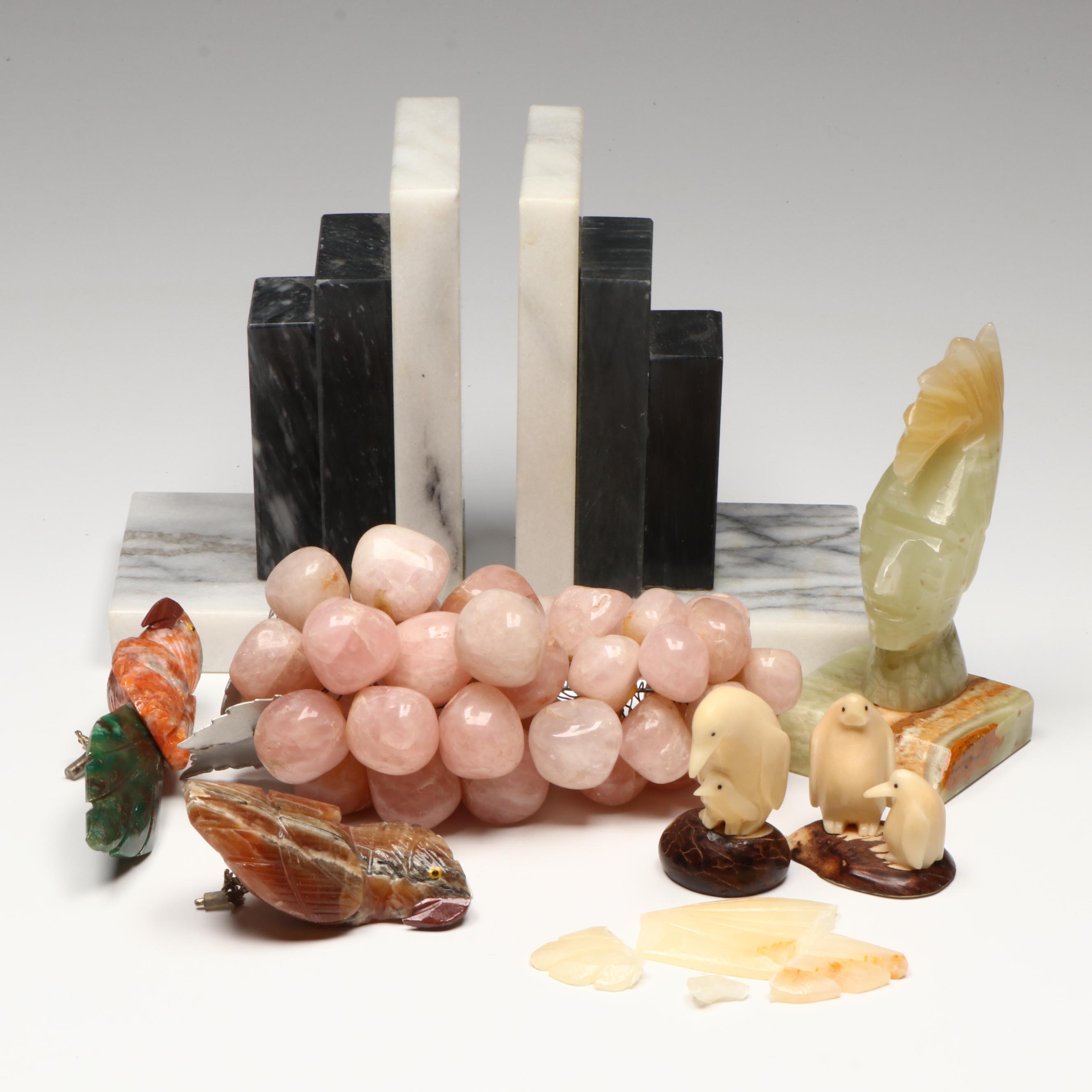 Art Deco Style Marble Bookends with Rose Quartz Grapes and Stone Figurines