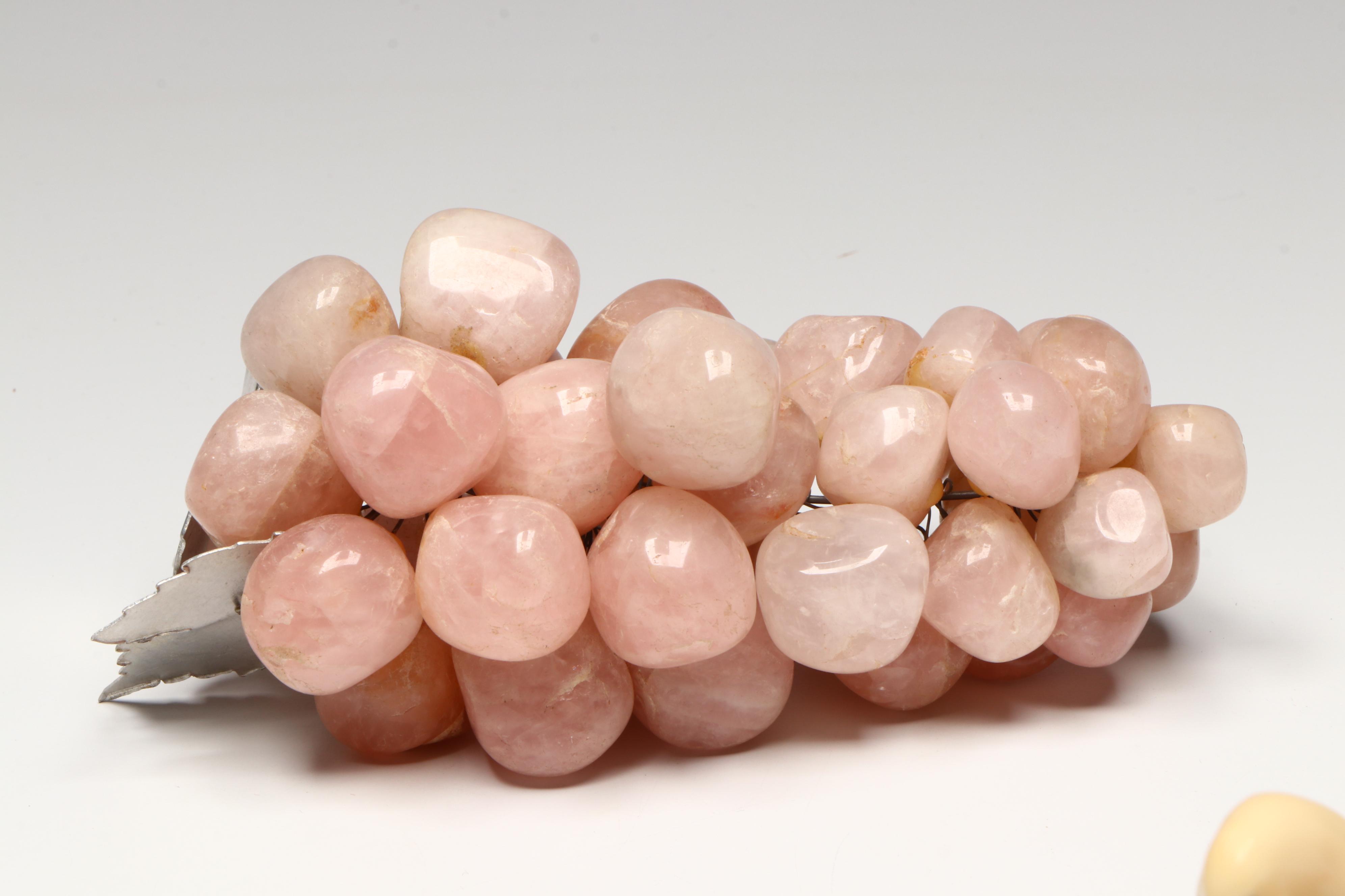 Art Deco Style Marble Bookends with Rose Quartz Grapes and Stone Figurines