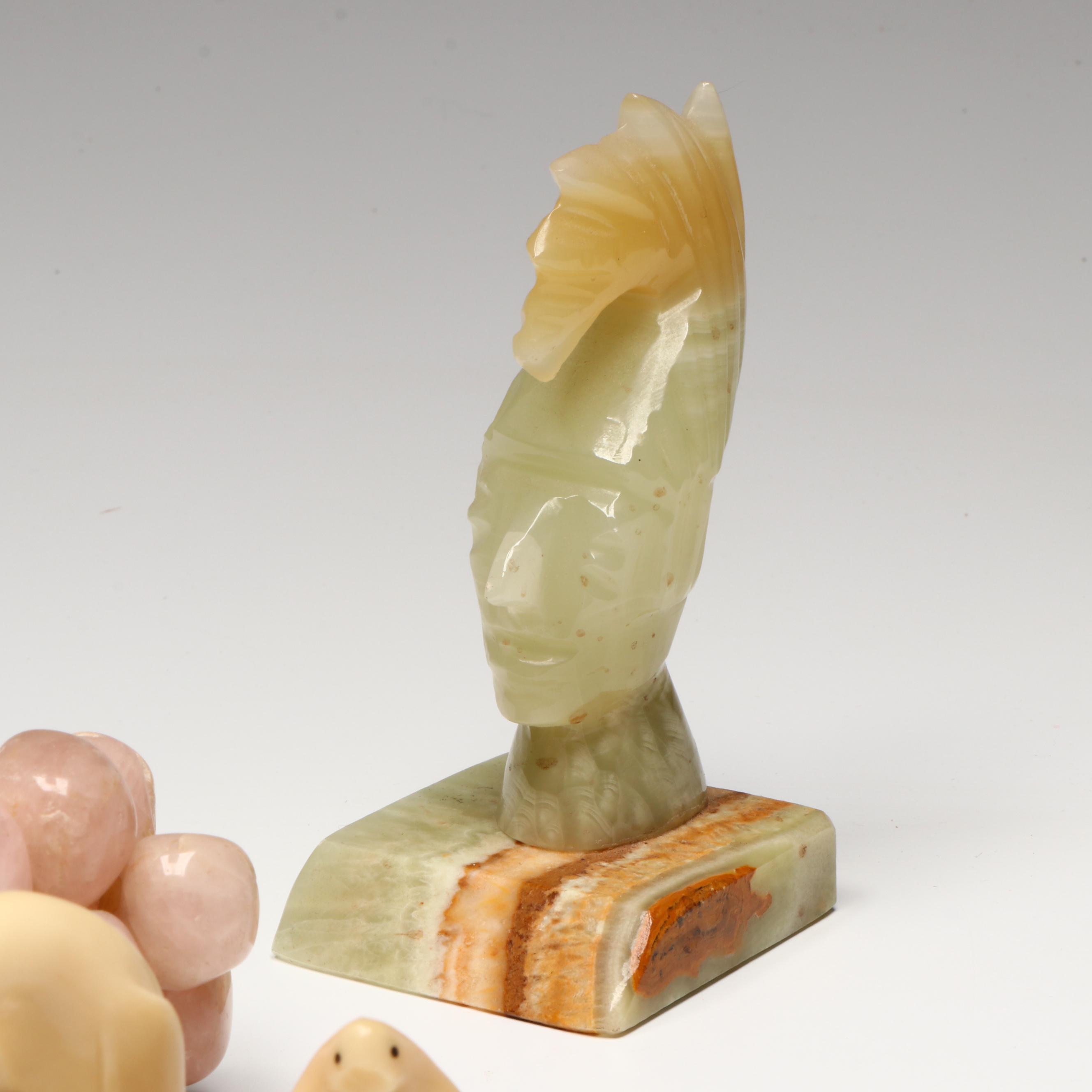 Art Deco Style Marble Bookends with Rose Quartz Grapes and Stone Figurines