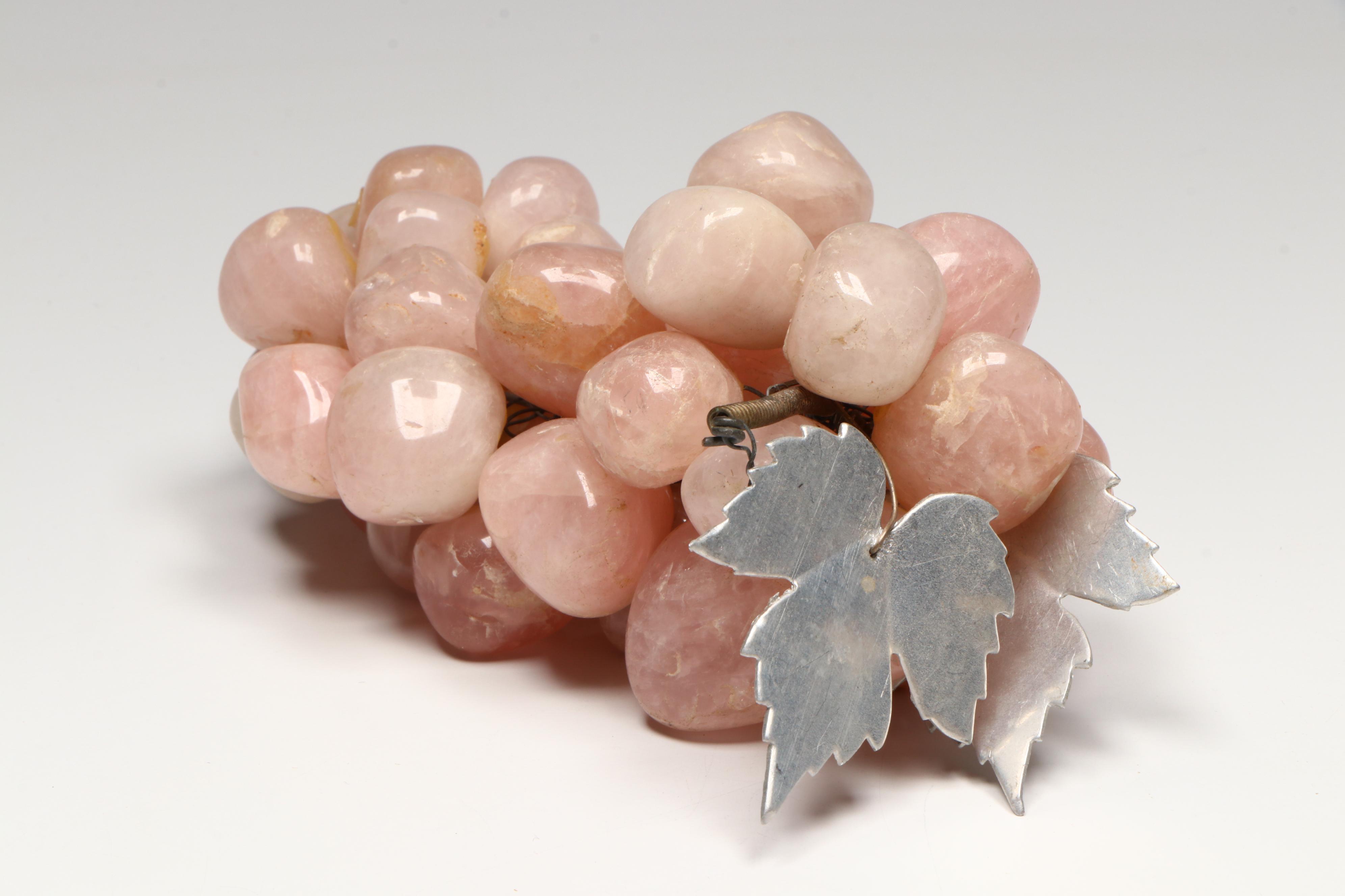 Art Deco Style Marble Bookends with Rose Quartz Grapes and Stone Figurines