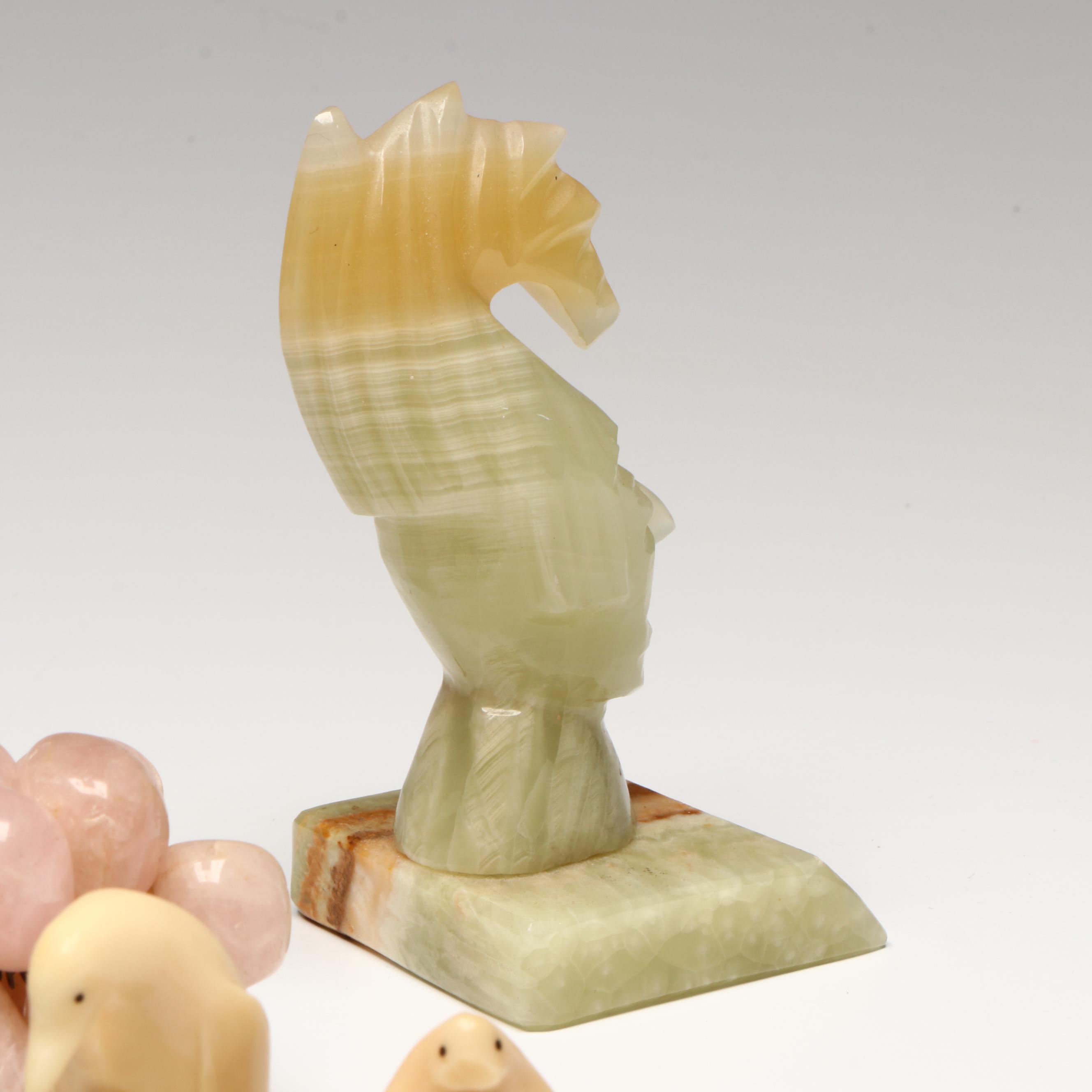 Art Deco Style Marble Bookends with Rose Quartz Grapes and Stone Figurines