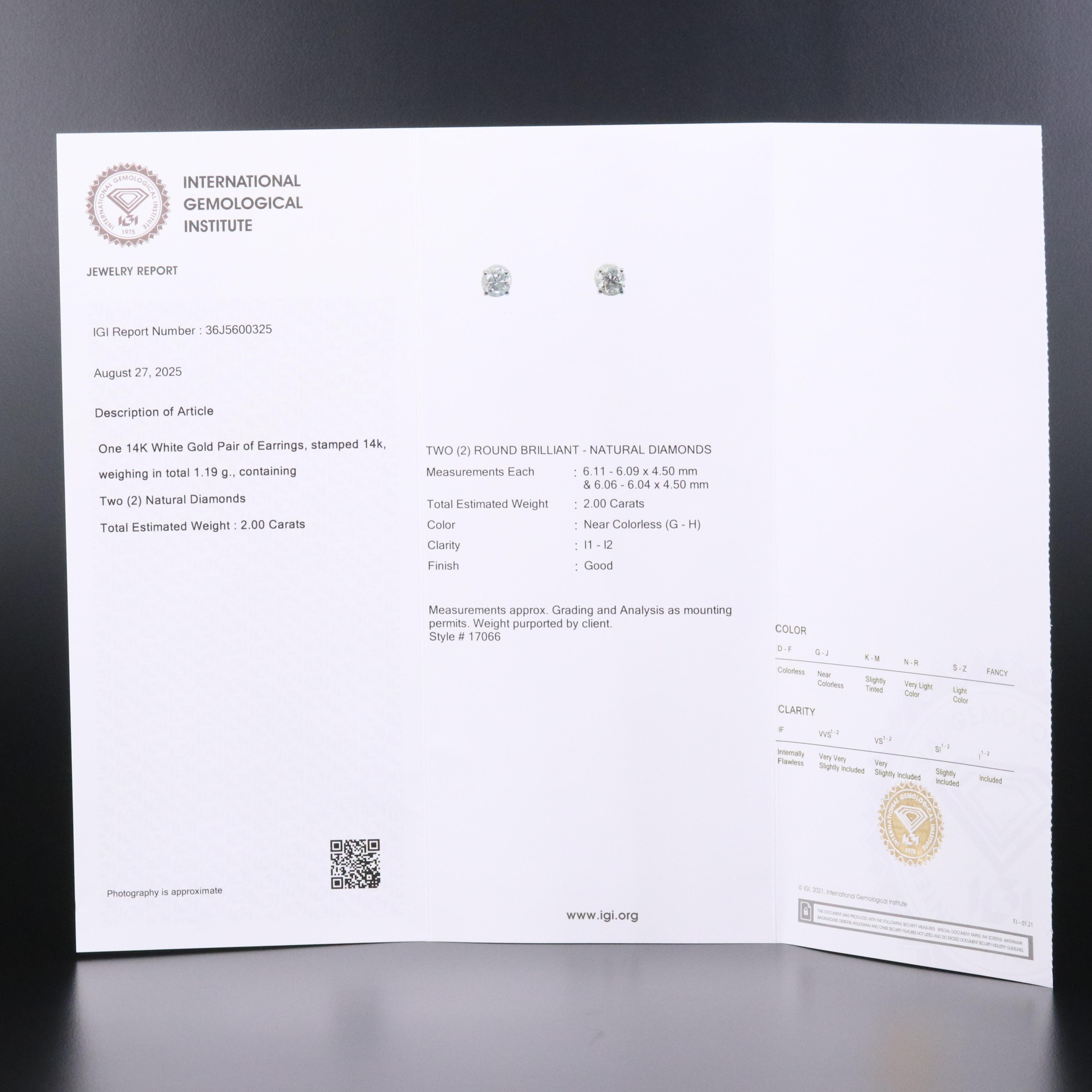 14K 2.00 CTW Diamond Stud Earrings with IGI Jewelry Report