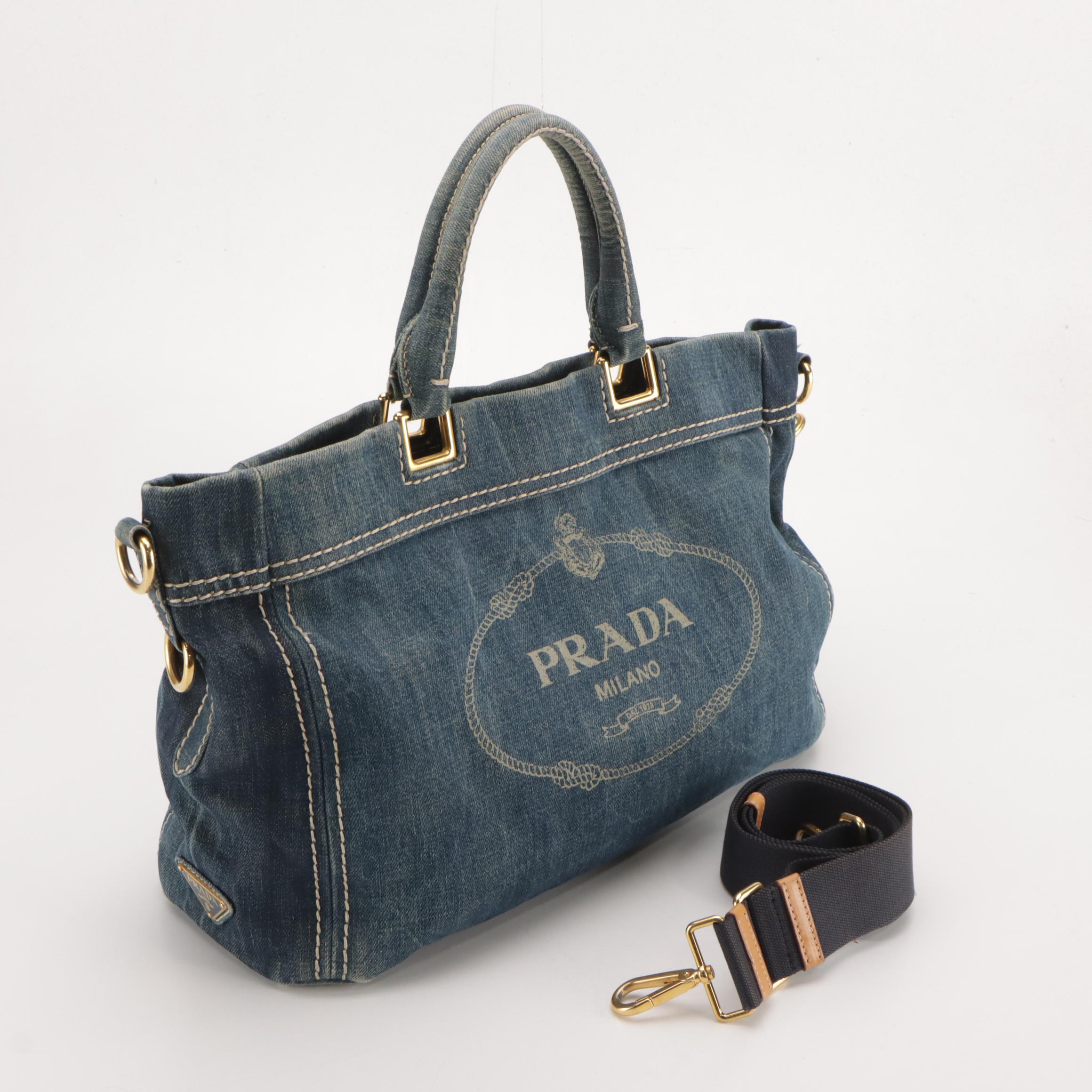 Prada Canapa Logo Denim Two-Way Tote