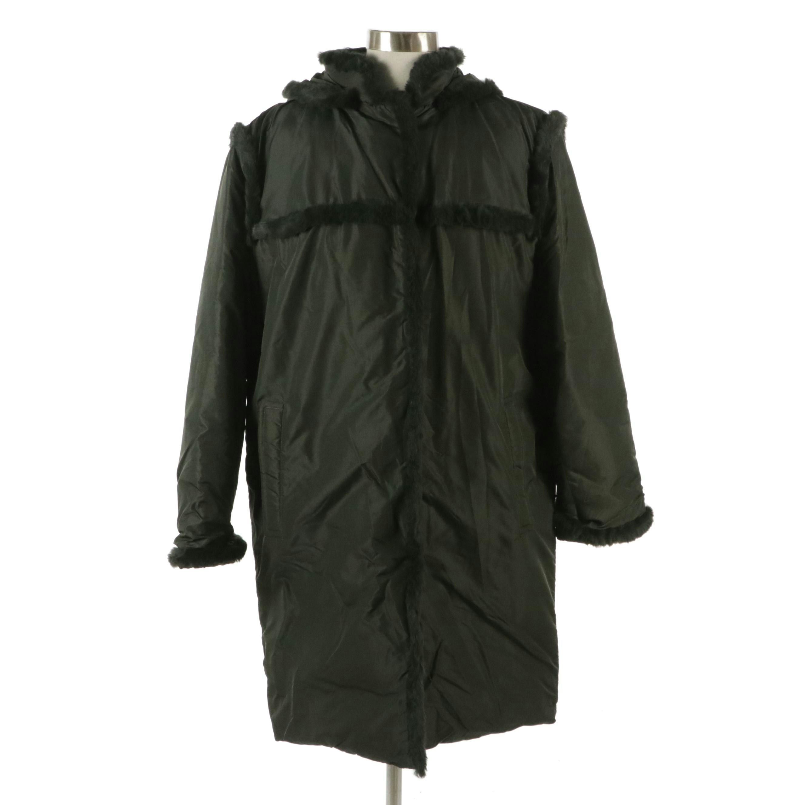 Rena Lange Army Green Nylon Winter Coat with Rabbit Fur Trimming