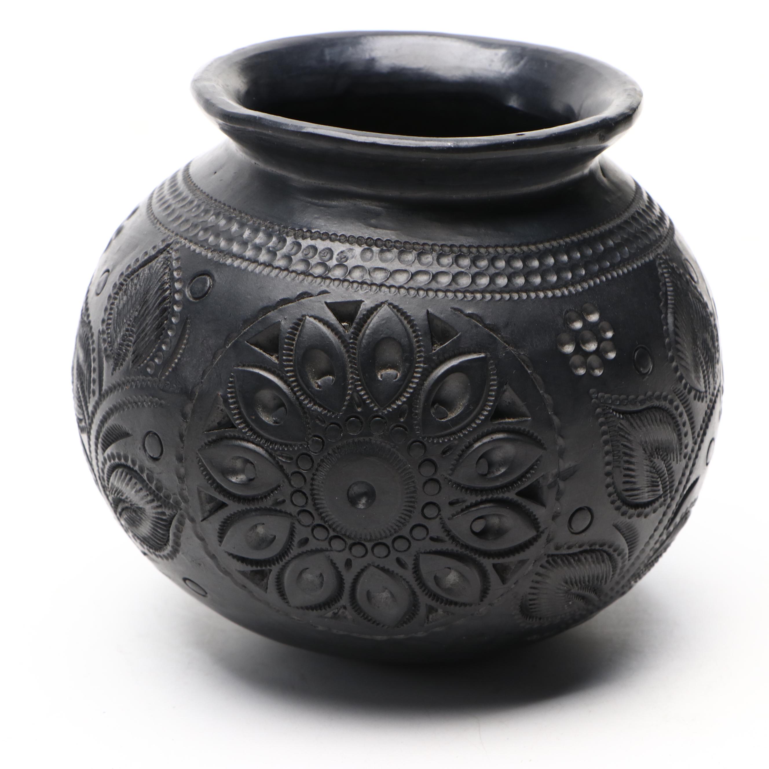 Mexican Blackware Carved Ceramic Vase