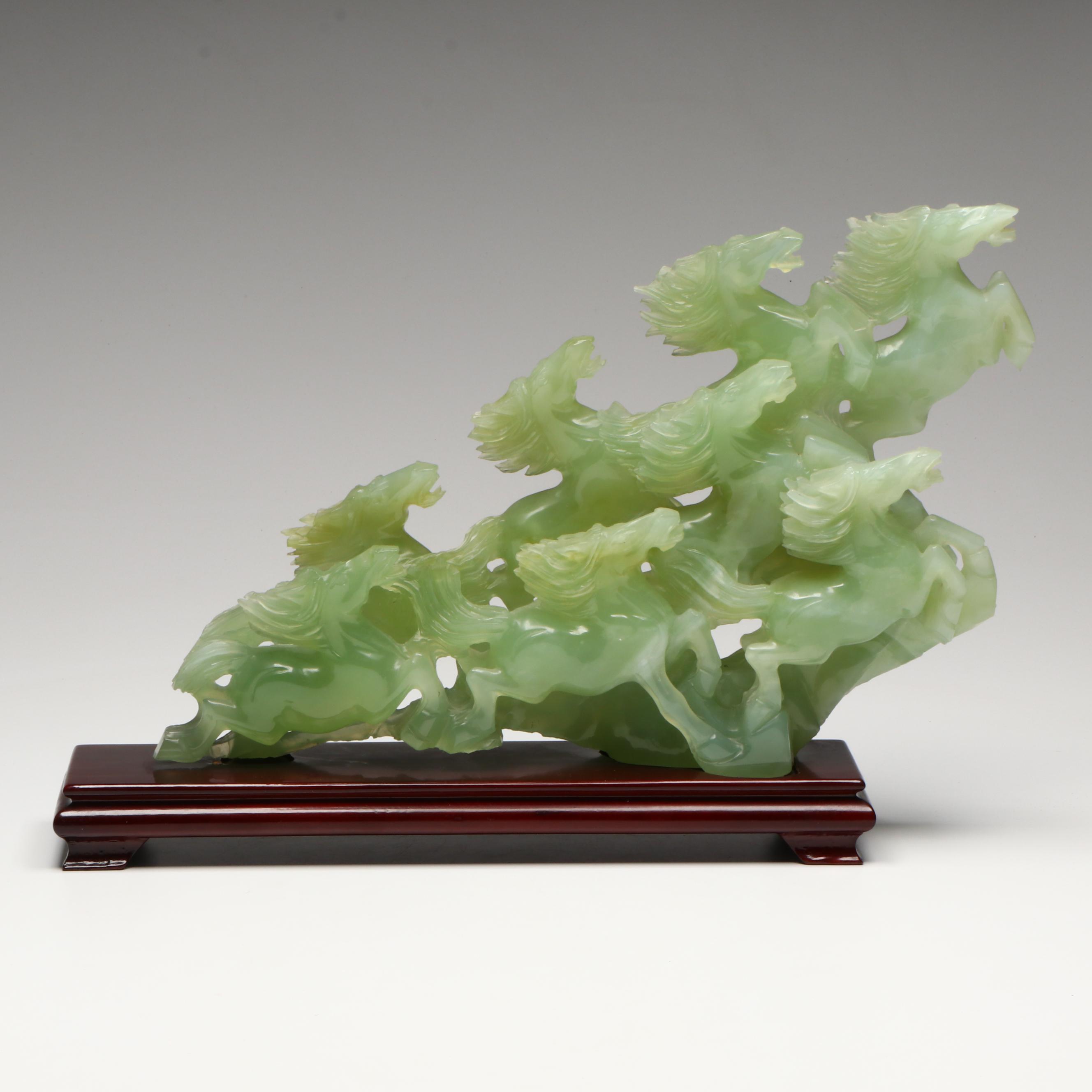 Chinese Serpentine Stampeding Horses on Wooden Stand
