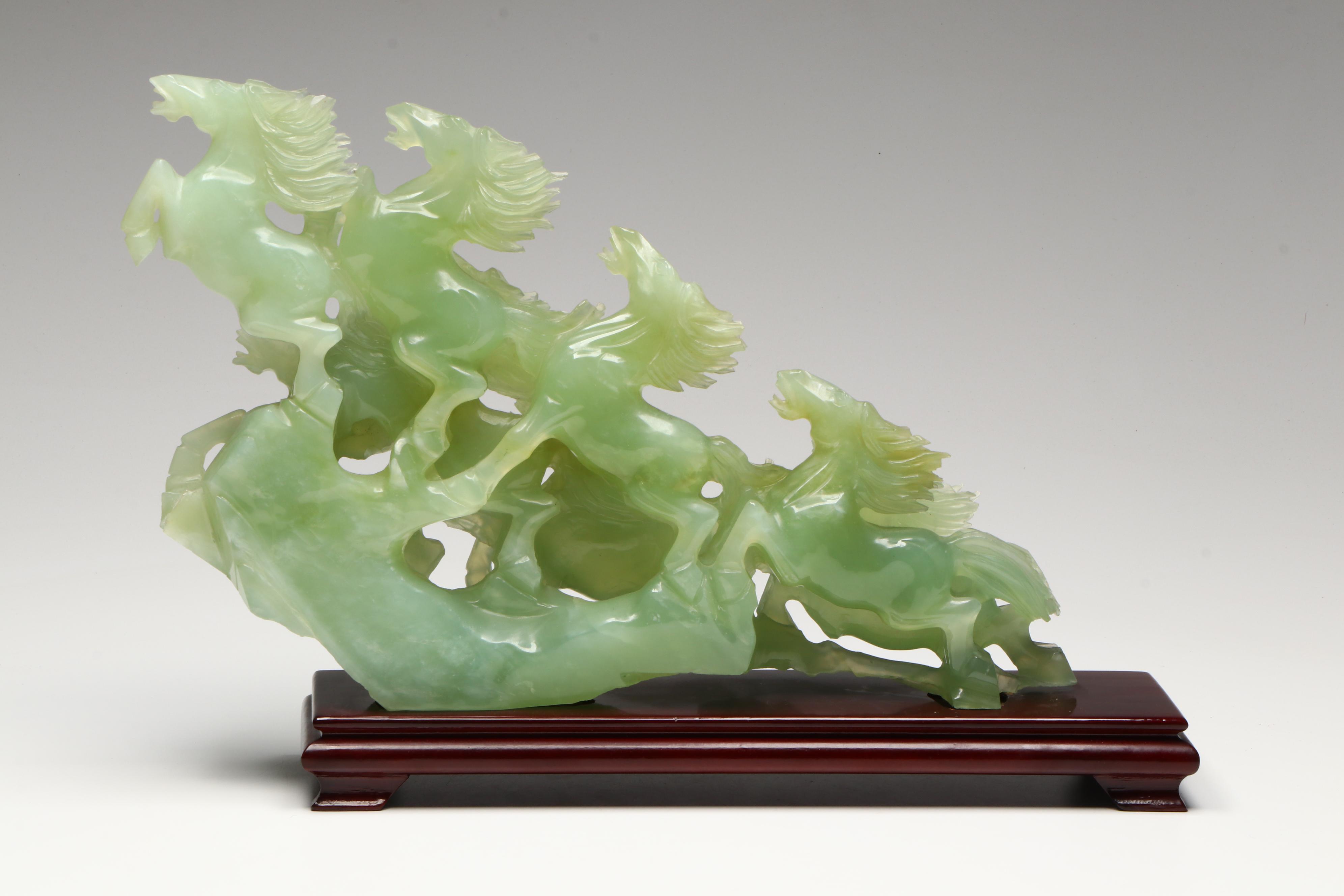 Chinese Serpentine Stampeding Horses on Wooden Stand