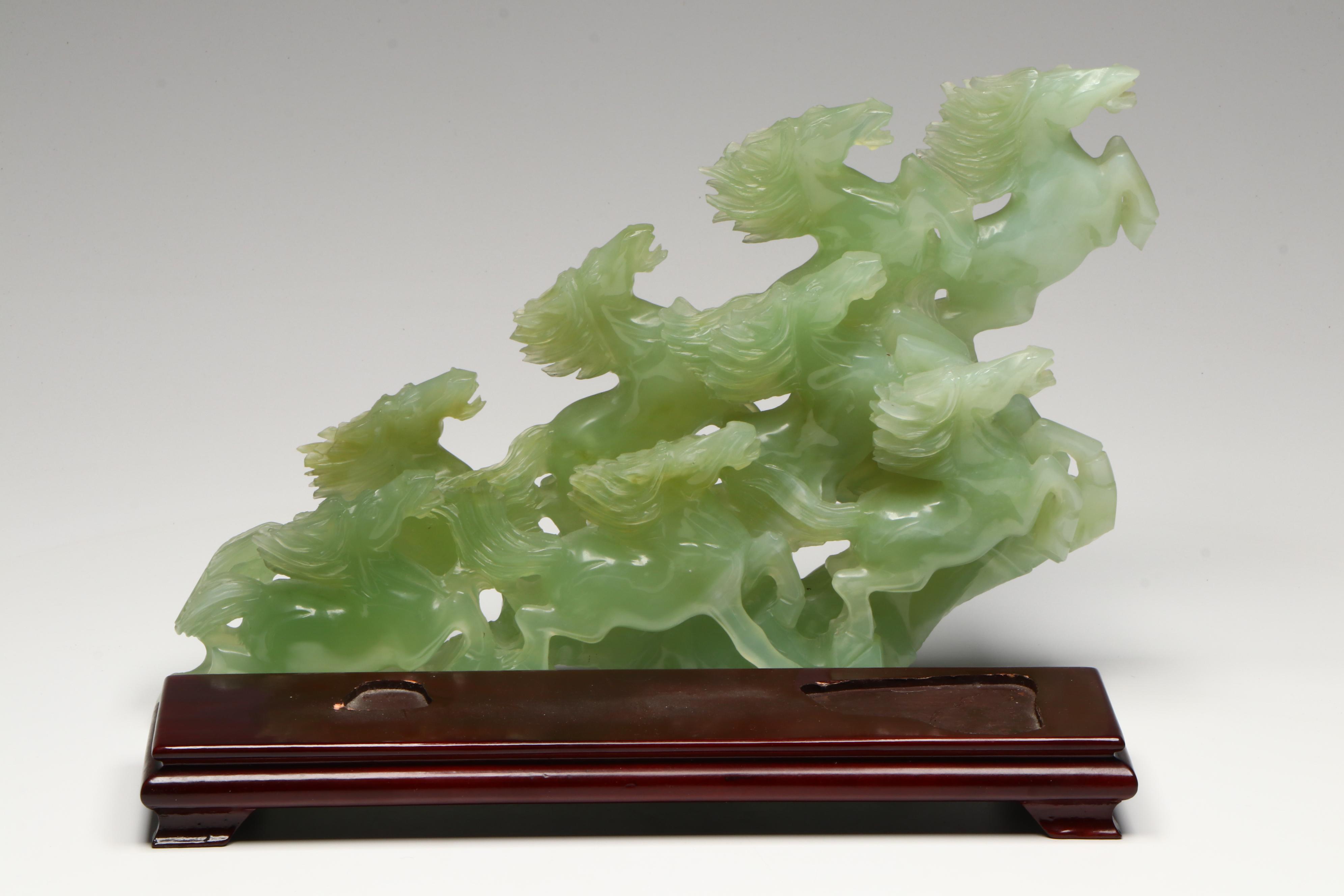 Chinese Serpentine Stampeding Horses on Wooden Stand