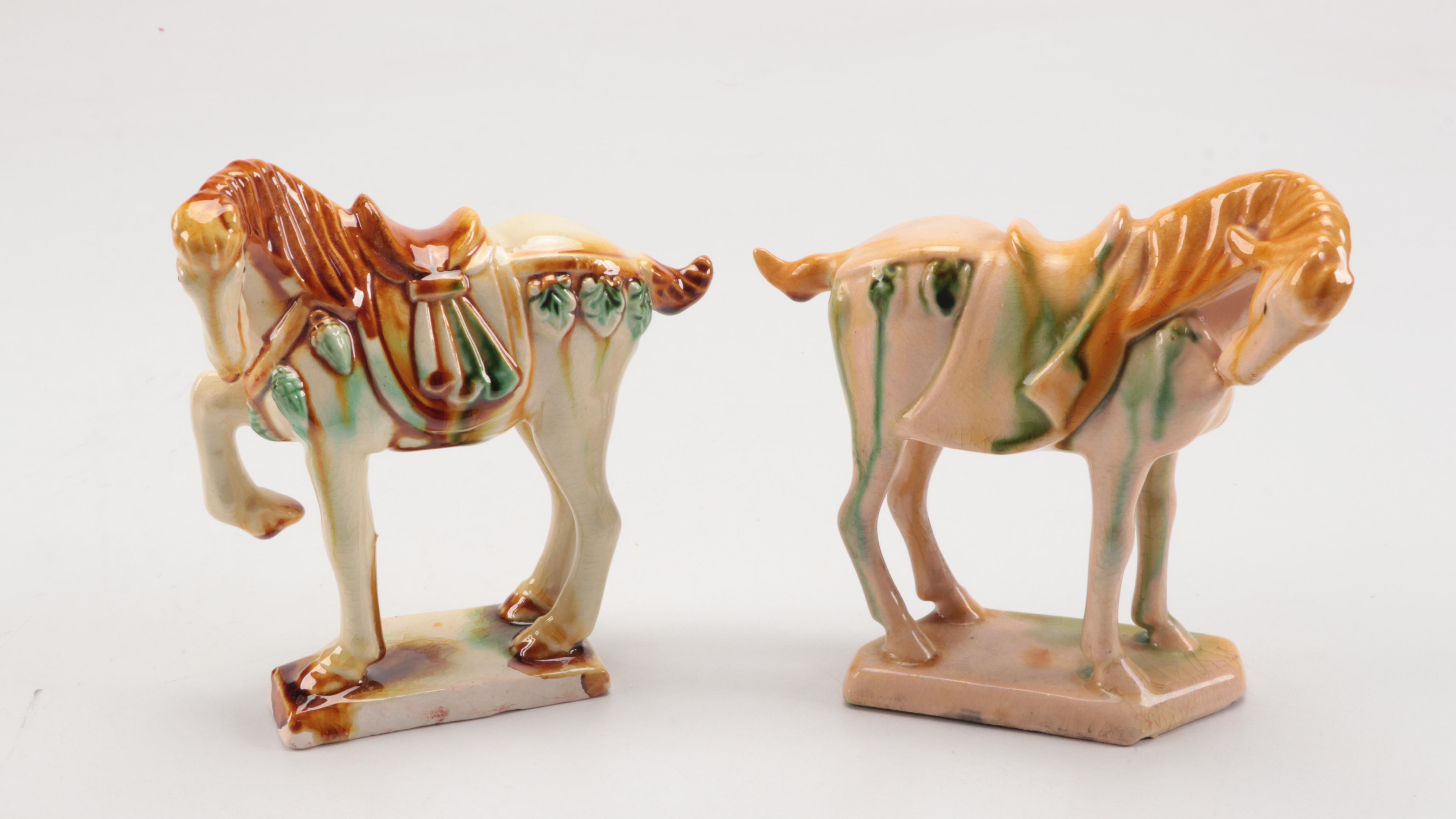 Chinese Tang Dynasty Style Sancai Glazed Ceramic Horse Figurines