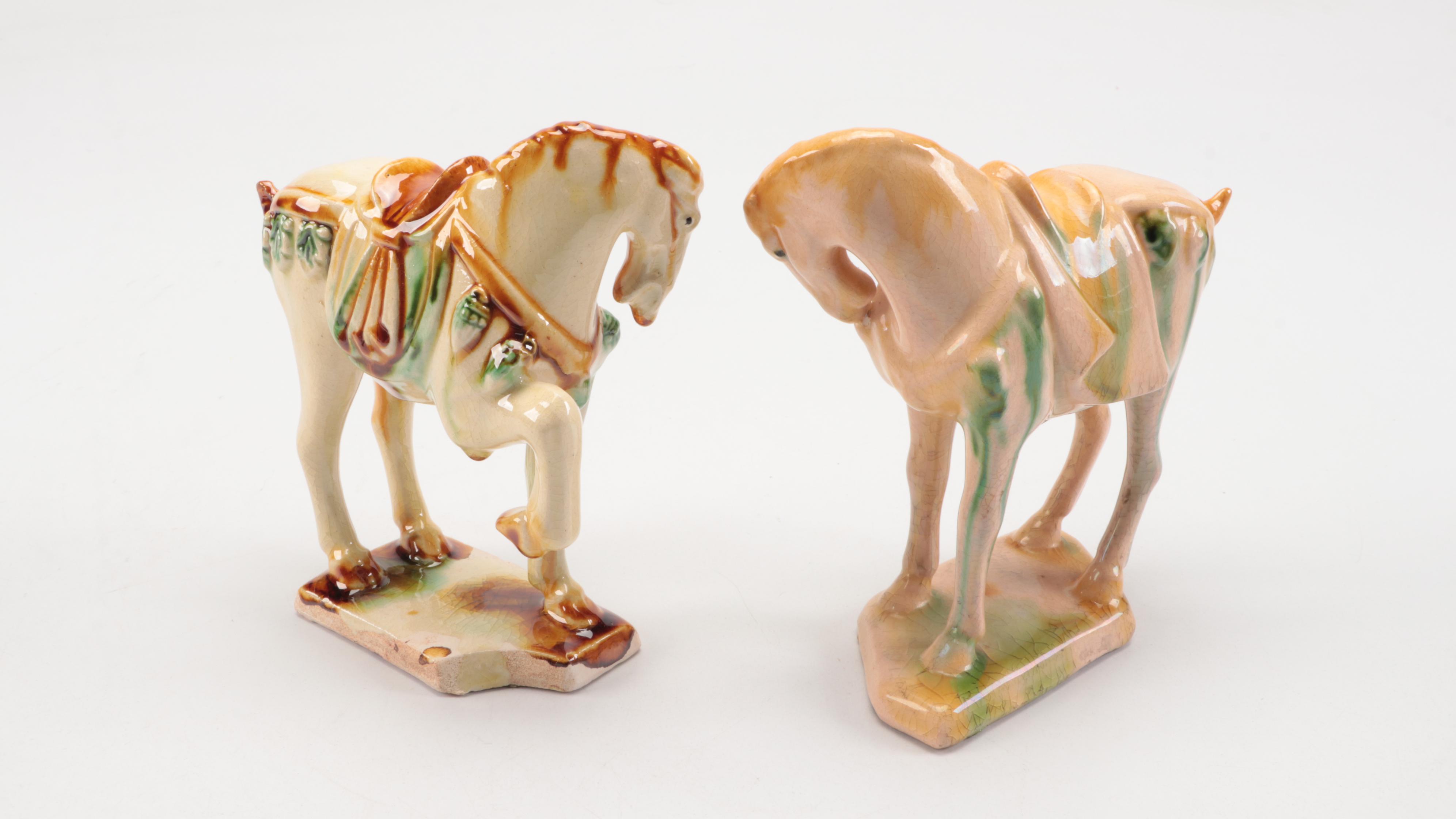Chinese Tang Dynasty Style Sancai Glazed Ceramic Horse Figurines